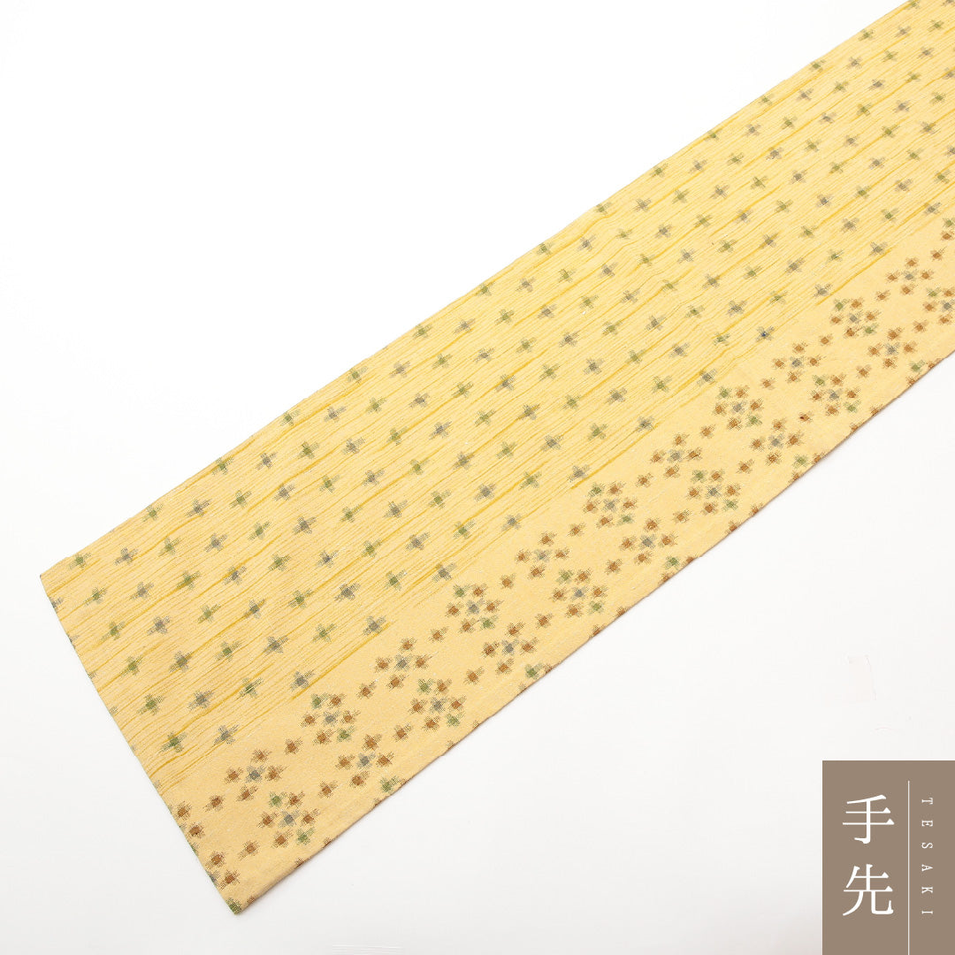 袋帯 紬地 全通 帯丈430cm カジュアル Sランク 正絹 十字絣 黄系 1223-01464