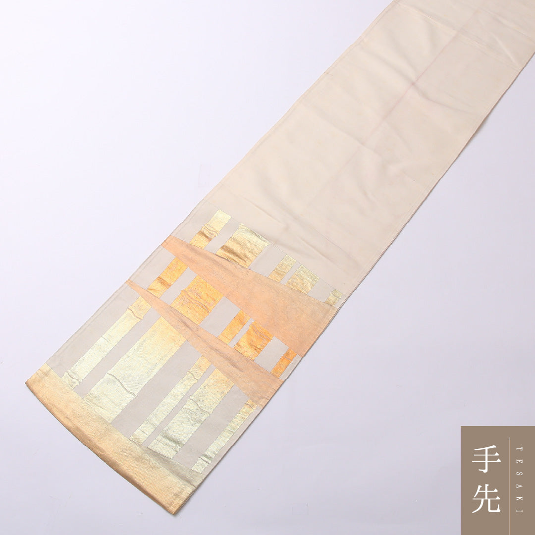 袋帯 帯丈416cm 正絹 六通 セミフォーマル 創作柄 証紙 クリーム系 1243-01489