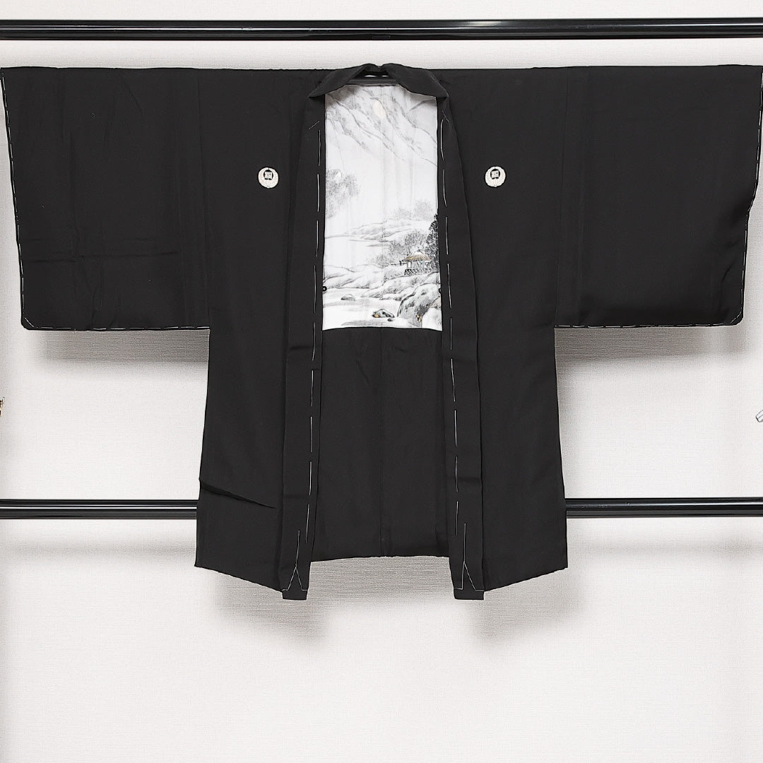 羽織 男性用 袷 身丈87cm 裄丈68cm 正絹 Sランク カジュアル Mサイズ 黒系 RP 1235-13709