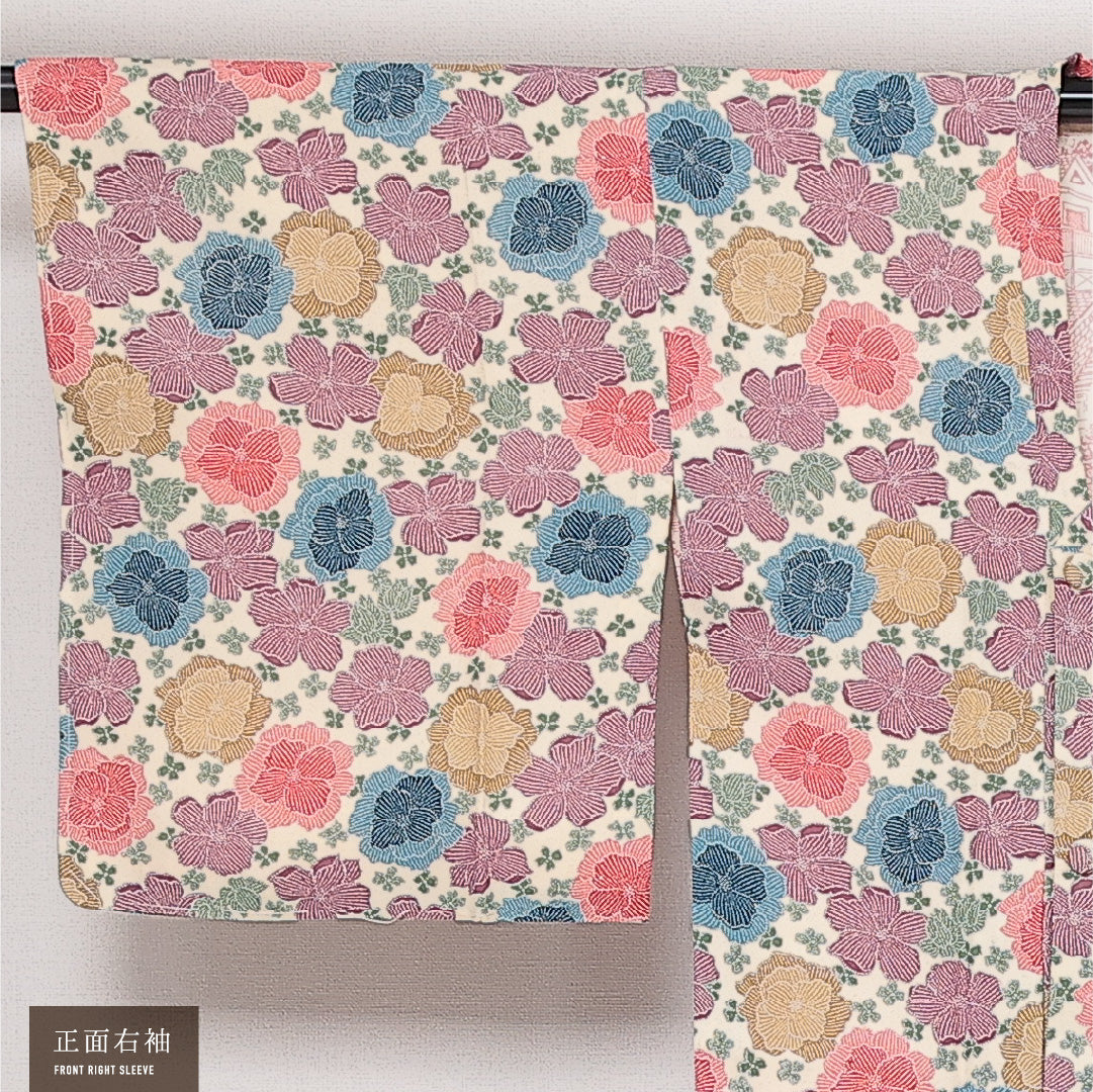 道行コート 袷 身丈81cm 裄丈62cm 正絹 Sランク セミフォーマル Sサイズ ポケットあり 花柄 多色系 RP 1237-13787