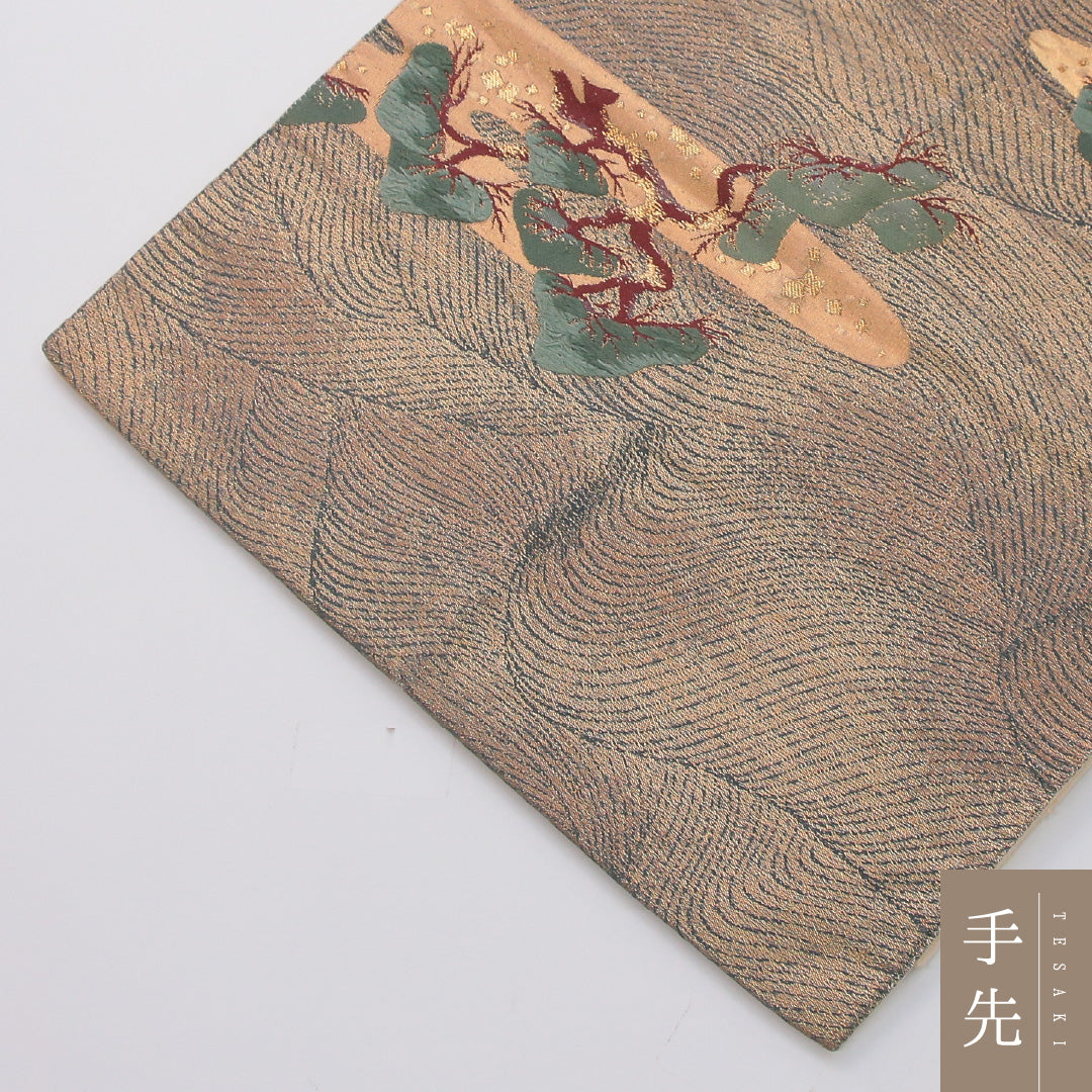 袋帯 帯丈420cm 正絹 全通 帯芯なし リバーシブル フォーマル 浜松 鶴 ベージュ系 1243-02323