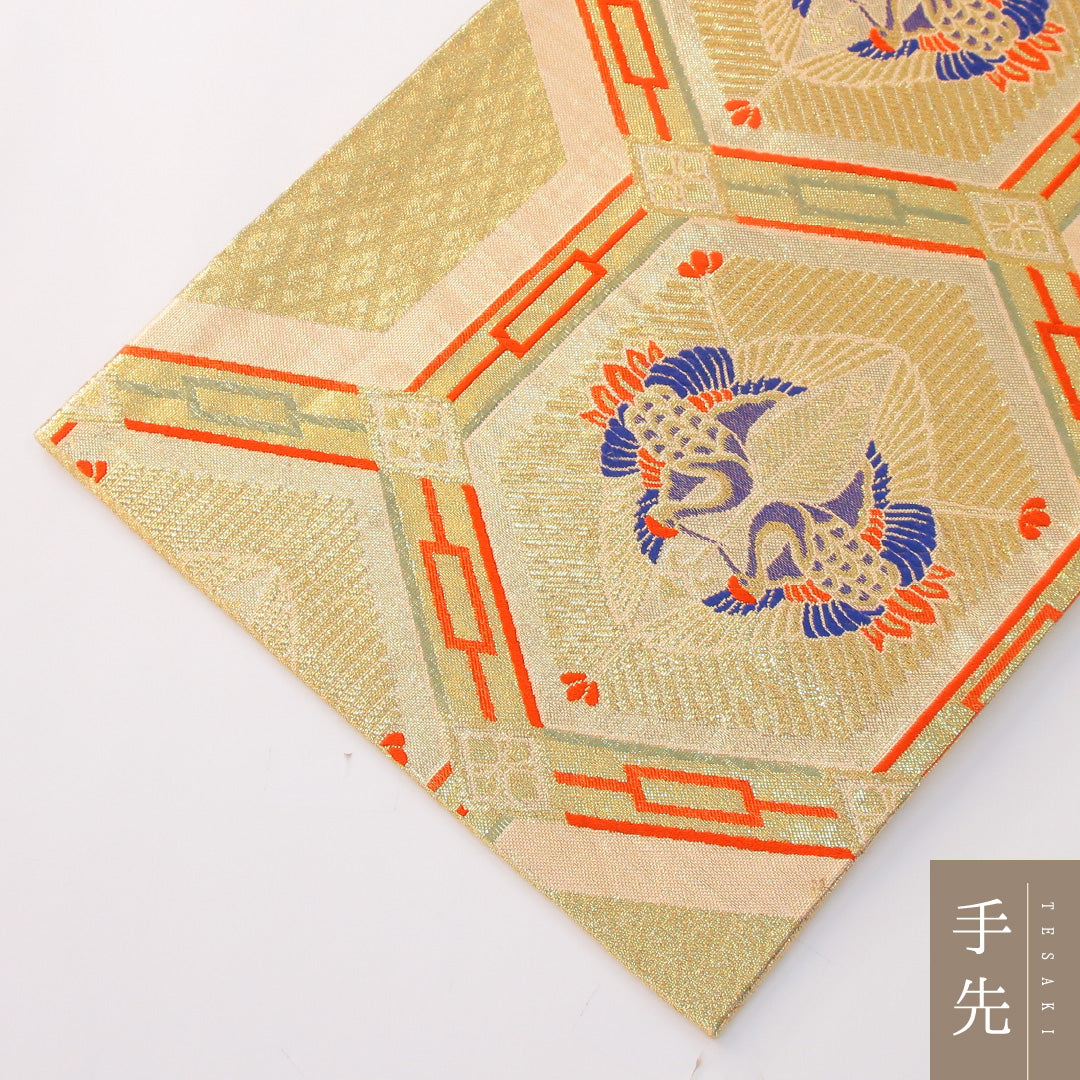 袋帯 帯丈442cm フォーマル 六通 Aランク 正絹 向かい鳥 鶴 金系 1223-02299