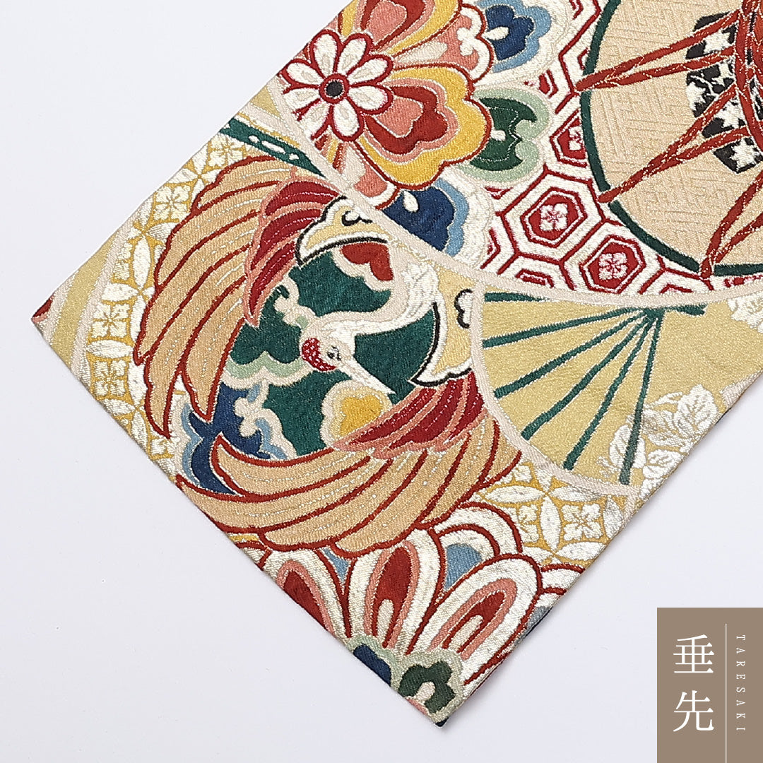 アンティーク 九寸 名古屋帯 帯丈96cm 作り帯 全通 Aランク カジュアル 正絹 宝相華 桐 金系 1224-01406