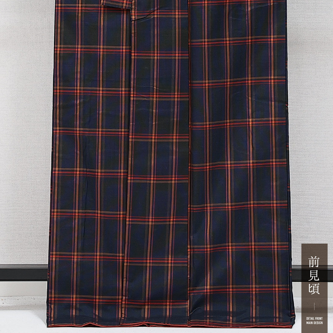 アンサンブル 大島紬 袷 身丈164cm 裄丈64cm 正絹 Aランク インフォーマル バチ衿 Lサイズ 紐あり 格子 紺系 RP 1223-14464