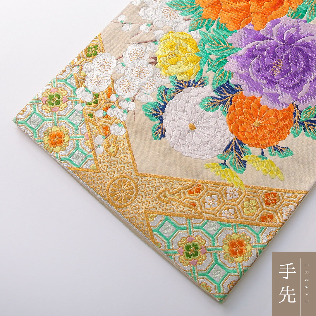 袋帯 帯丈430cm フォーマル 六通 Cランク 正絹 唐織 蜀江 牡丹 クリーム系 1223-02161