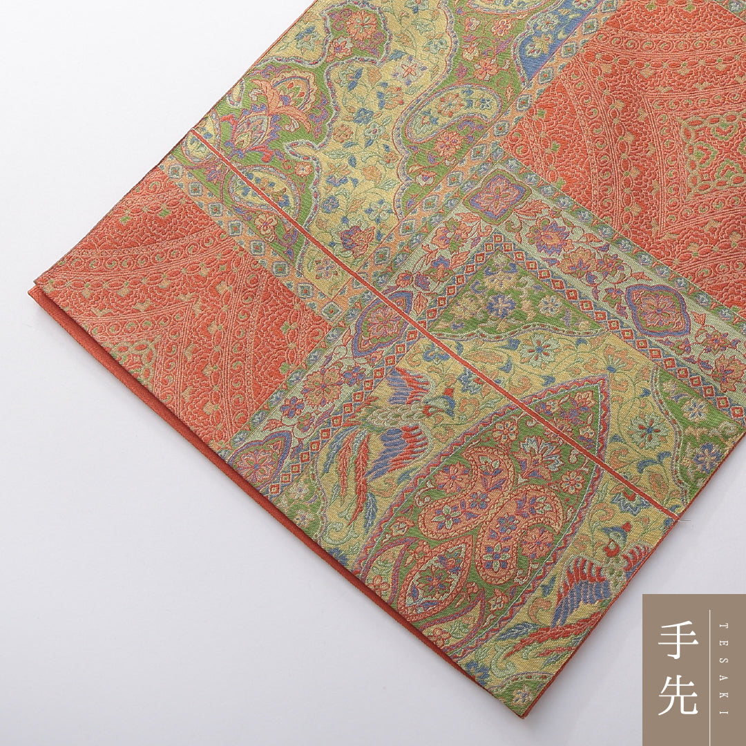 袋帯 帯丈432cm インフォーマル 全通 帯芯なし Aランク 正絹 ペイズリー柄 緑系 朱系 1223-02169