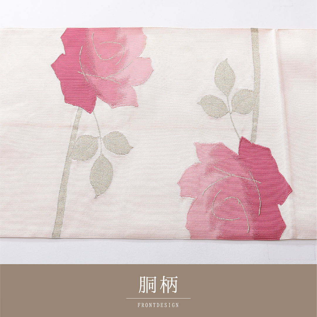 八寸名古屋帯 帯丈355cm インフォーマル 松葉仕立て ポイント柄 Cランク 正絹 綴れ織 薔薇 ピンク系 1224-03940