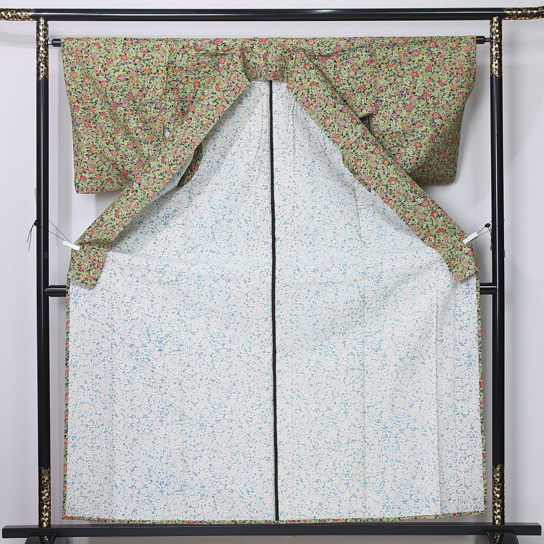 小紋 身丈161cm 裄丈62.5cm Sランク L 正絹 単衣 広衿 唐華 カジュアル 緑系 1215-12221