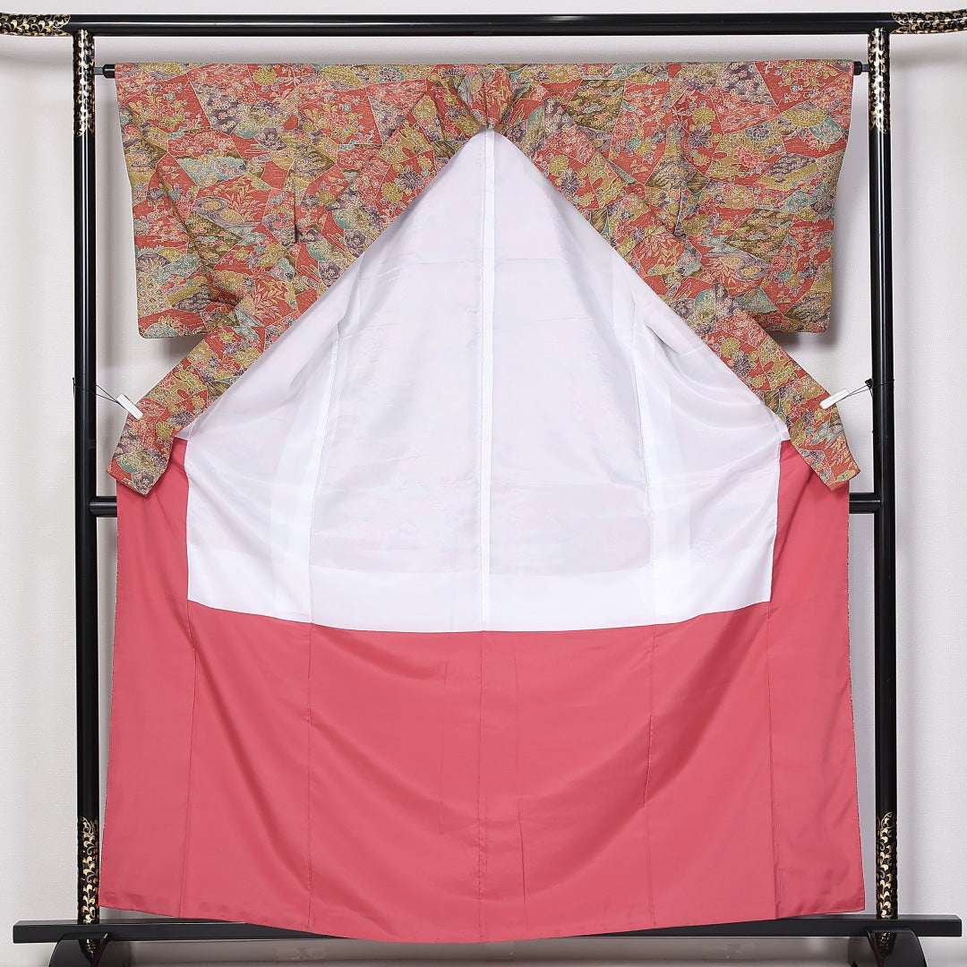 小紋 袷 身丈160cm 裄64cm 正絹 花柄 牡丹 松竹梅 赤系 Sランク 1215-02452