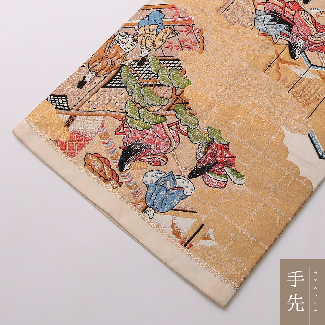 袋帯 帯丈432cm 正絹 六通 フォーマル 源氏物語 平安絵巻 ベージュ系 金系 1243-01636