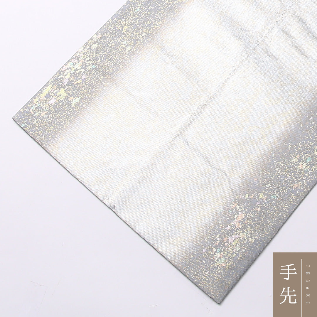東海道五十三次 袋帯 帯丈428cm ポイント柄 フォーマル Aランク 正絹 金箔  引箔 螺鈿 現代的 粋 グレー系 1223-01491