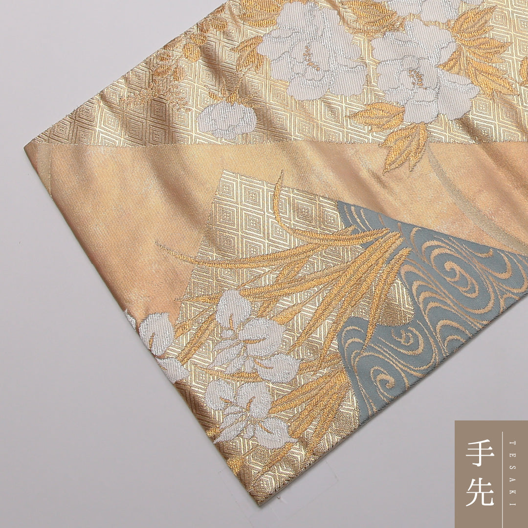 袋帯 六通 帯丈428cm フォーマル Sランク 正絹 牡丹 菖蒲 ベージュ系 1223-01423