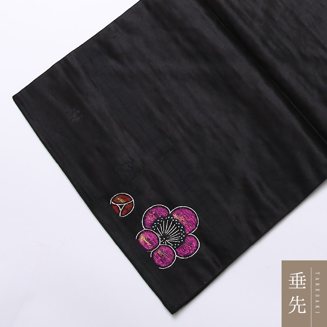 アンティーク 名古屋帯 ポイント柄 帯丈325cm Nランク 正絹 綸子 鼓 梅 落款 黒系 1224-02511