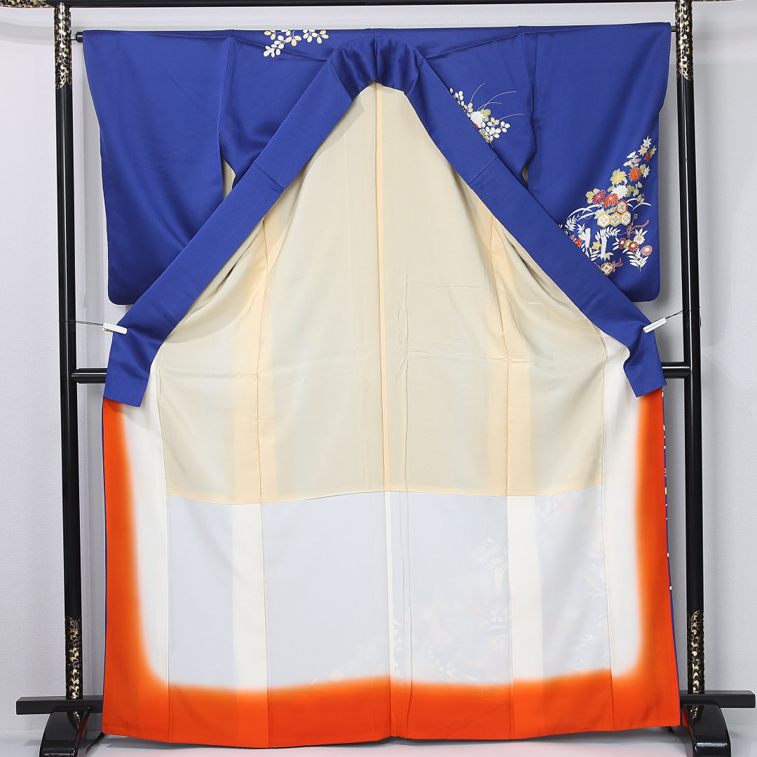 小振袖 身丈168cm 裄丈65cm Aランク 袷 正絹 M 広衿 吉祥文様 古典柄 菊 藤 桔梗 花柄 萩 青系 1213-F0444