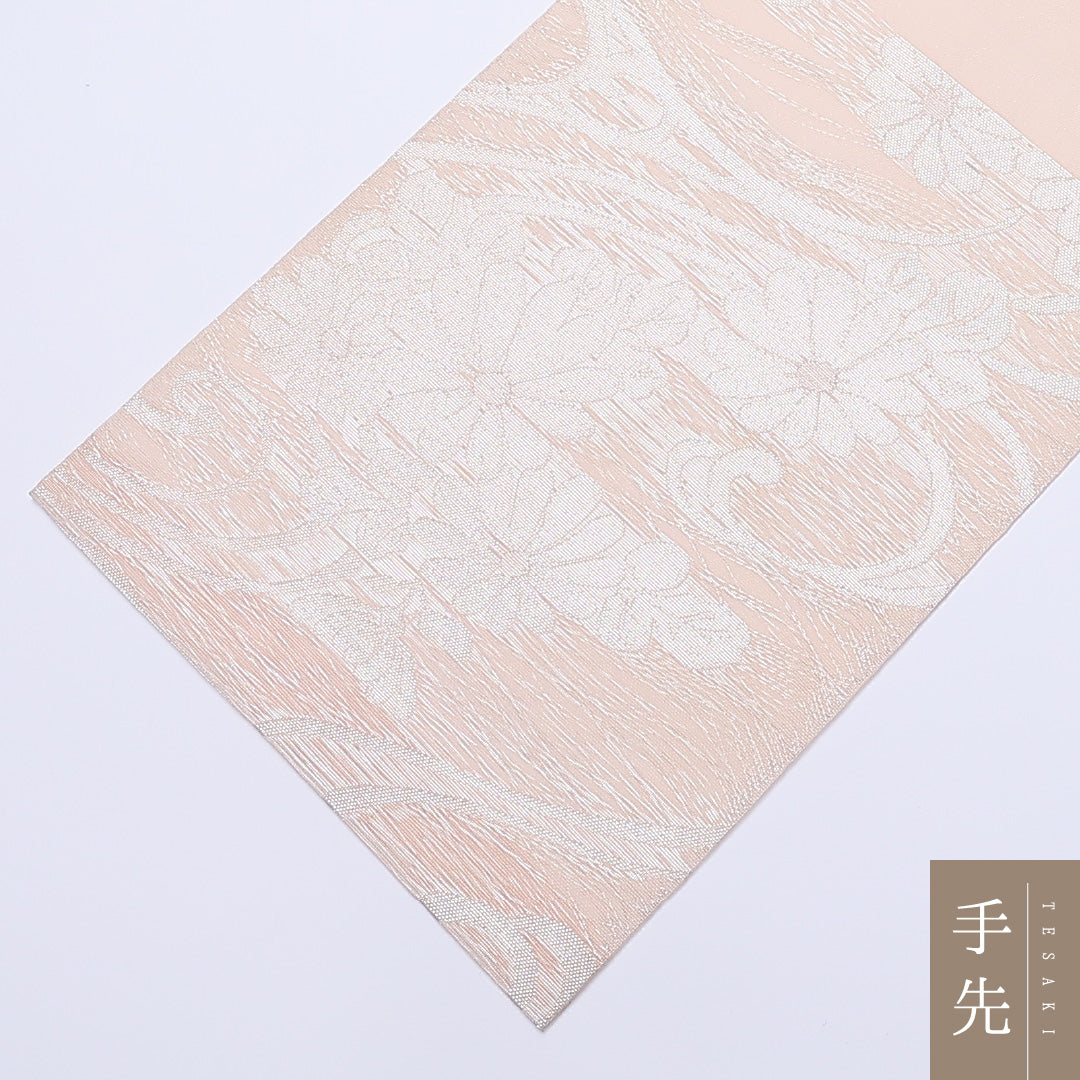 袋帯 夏帯 帯丈432cm 六通 菊 唐草 流水 銀糸 セミフォーマル クリーム系 正絹 Aランク 1223-00925
