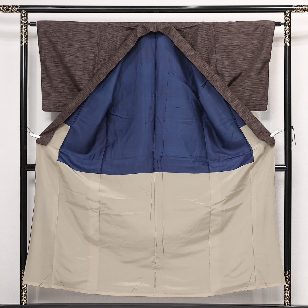 お召 袷 身丈155cm 裄丈63cm 正絹 Aランク インフォーマル バチ衿 Mサイズ 無地 茶系 HP 1222-13336