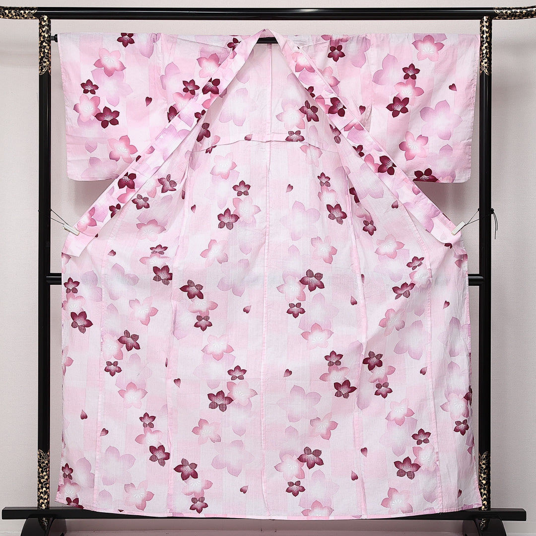 浴衣 夏物 洗える着物 身丈162cm 裄丈69cm Sランク 木綿 バチ衿 Lサイズ カジュアル 花柄 華やか 軽やか ピンク系 1218-14187
