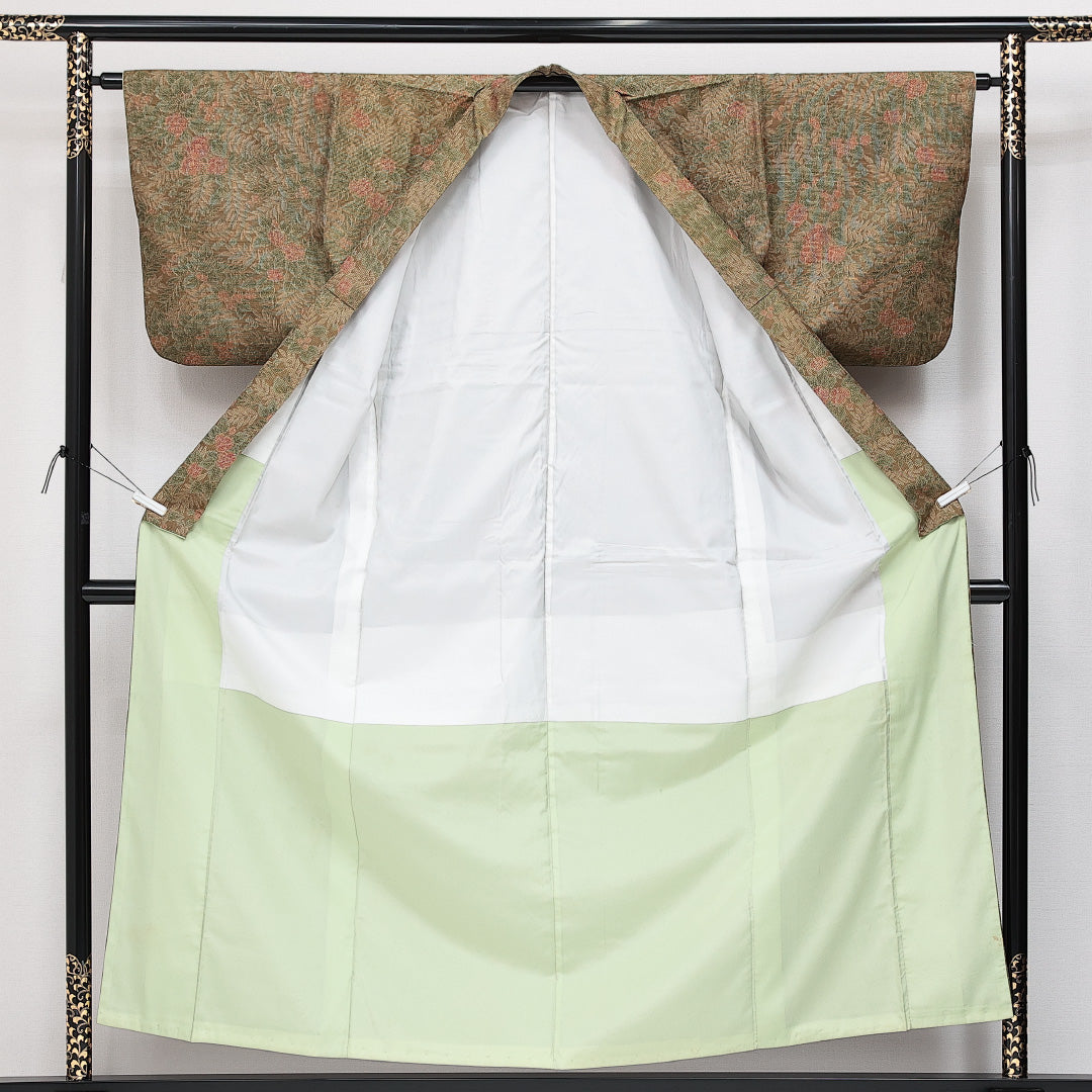 紬 袷 身丈155cm 裄丈64cm 正絹 Sランク カジュアル バチ衿 Mサイズ 植物柄 茶系 RP 1223-14553