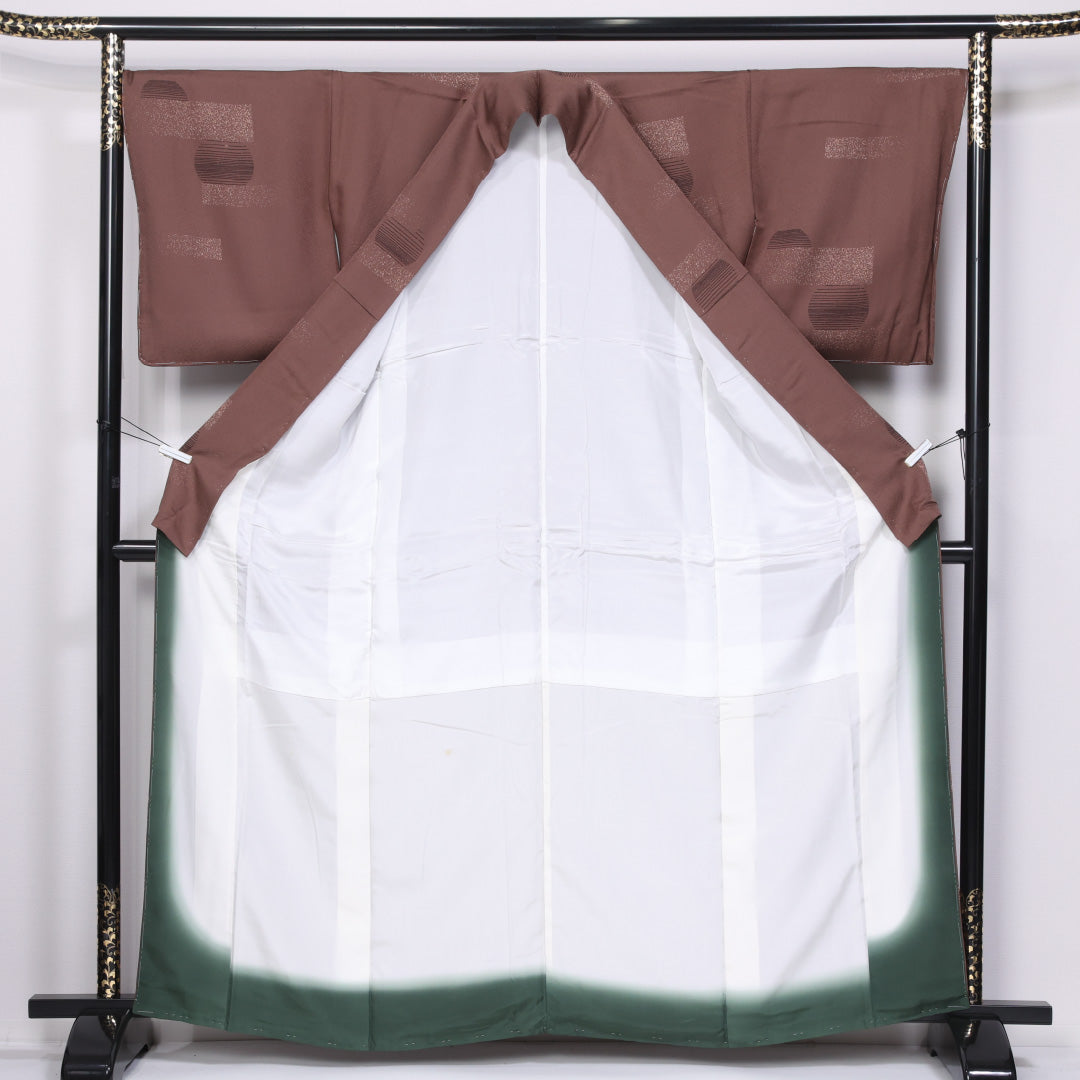 小紋 袷 身丈160cm 裄丈67cm 正絹 Aランク インフォーマル 広衿 Lサイズ 創作柄 茶系 RP 1221-11493