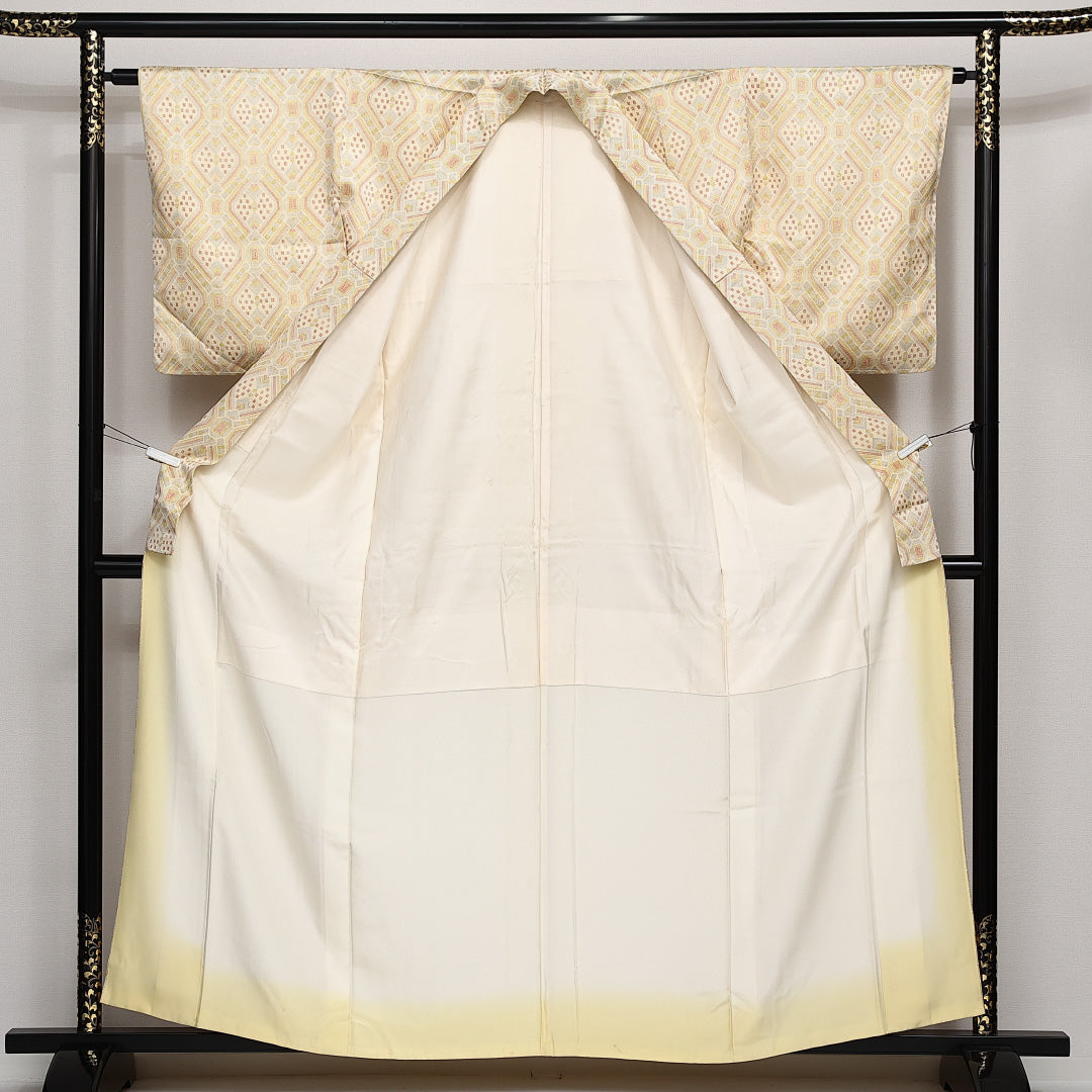 小紋 袷 身丈159cm 裄丈63cm 正絹 Sランク インフォーマル バチ衿 Mサイズ 創作柄 クリーム系 RP 1221-14166
