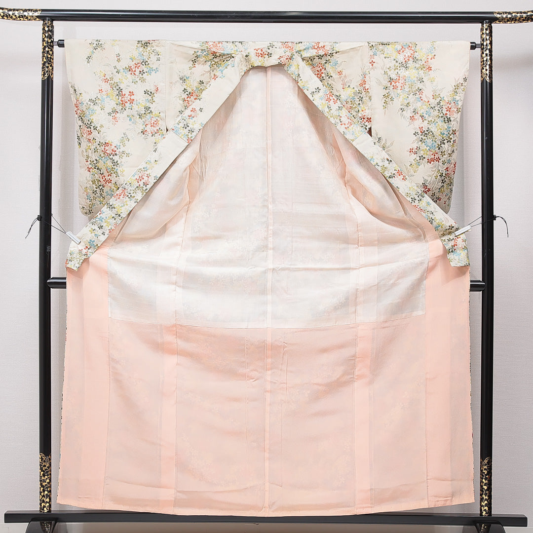 紬 袷 身丈162cm 裄丈64cm 正絹 Cランク カジュアル バチ衿 Lサイズ 花柄 クリーム系 LP 1223-15615