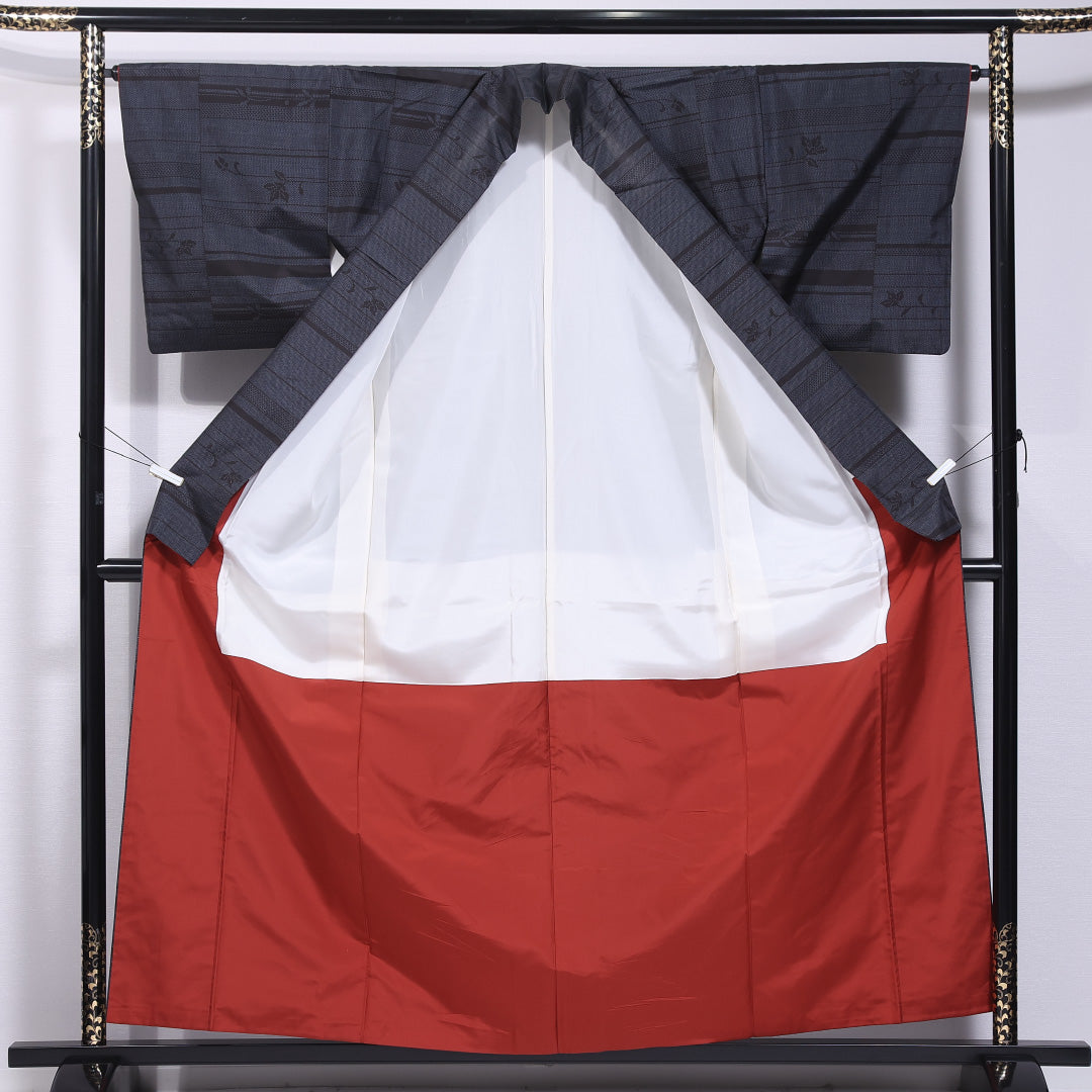 大島紬 袷 身丈158cm 裄丈64cm 正絹 Aランク インフォーマル 広衿 Mサイズ 花柄 紺系 RP 1223-11706