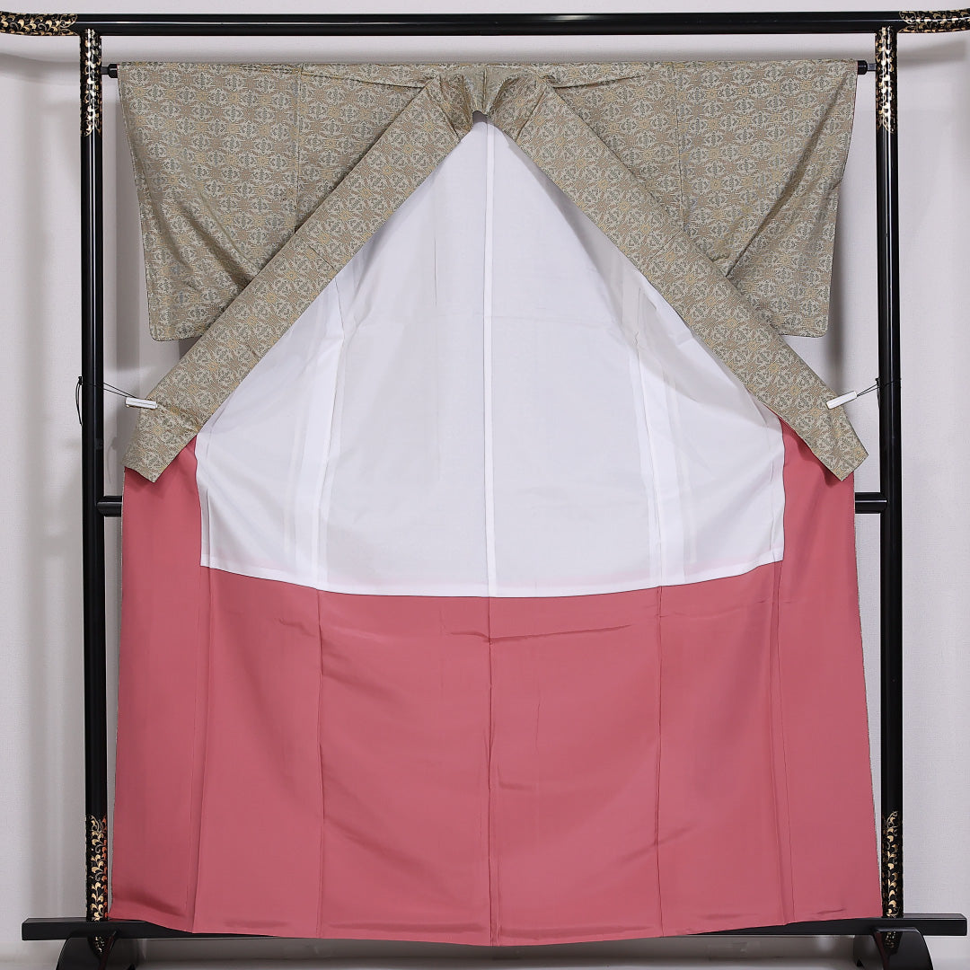 大島紬 袷 身丈162.5cm 裄63.5cm 正絹 創作 緑系 しつけ糸 Sランク 1216-01419