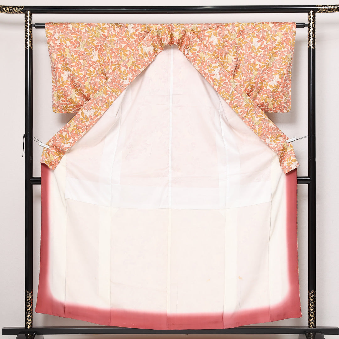 小紋 袷 身丈151cm 裄丈60cm 正絹 Sランク インフォーマル 広衿 Sサイズ 植物柄 朱系 RP 1221-13547