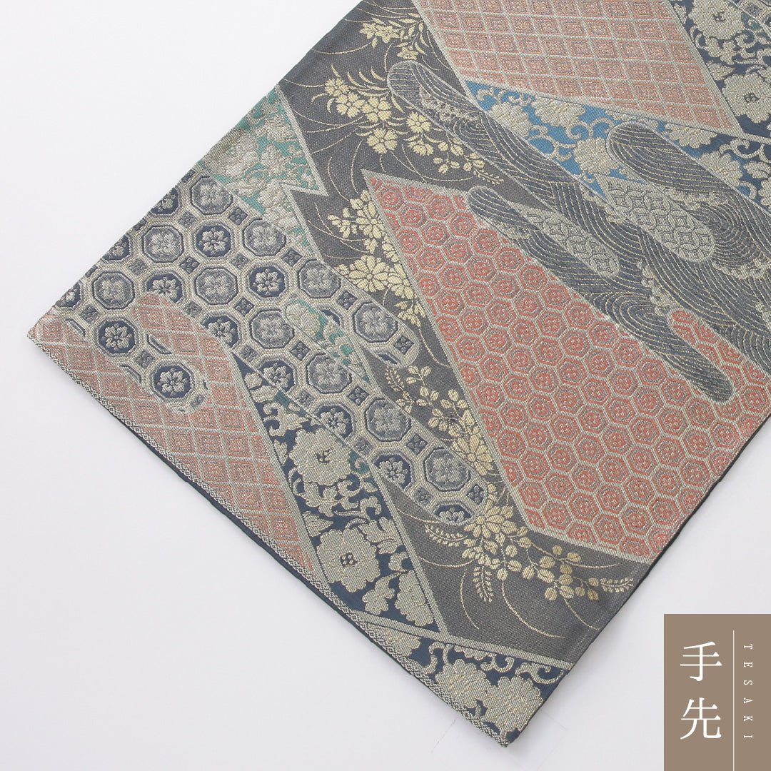 袋帯 帯丈424cm 正絹 六通 帯芯なし フォーマル 松皮菱 吉祥文様 青系 1243-02242