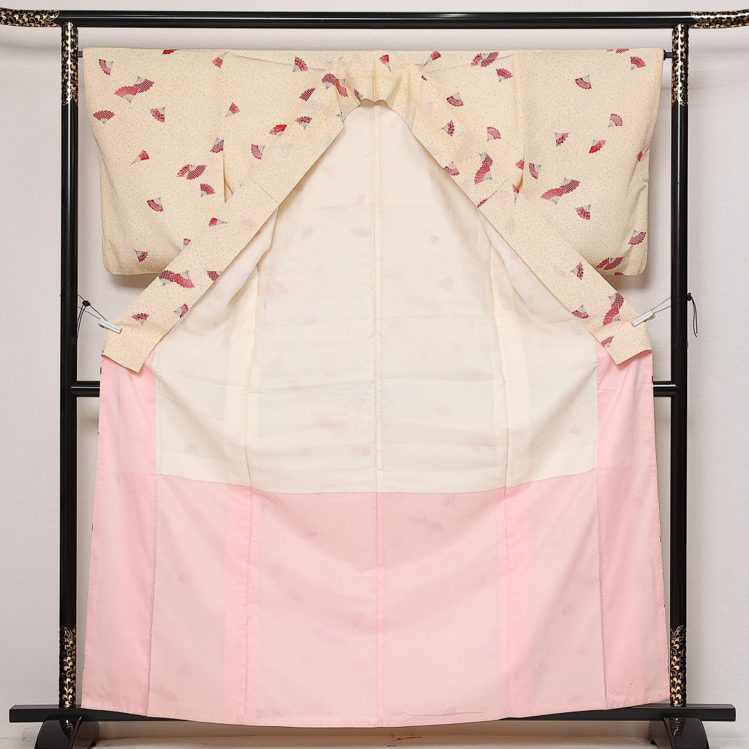 小紋 袷 身丈158cm 裄丈64cm 正絹 Aランク インフォーマル 広衿 Mサイズ 扇 ベージュ系 HP 1221-13675