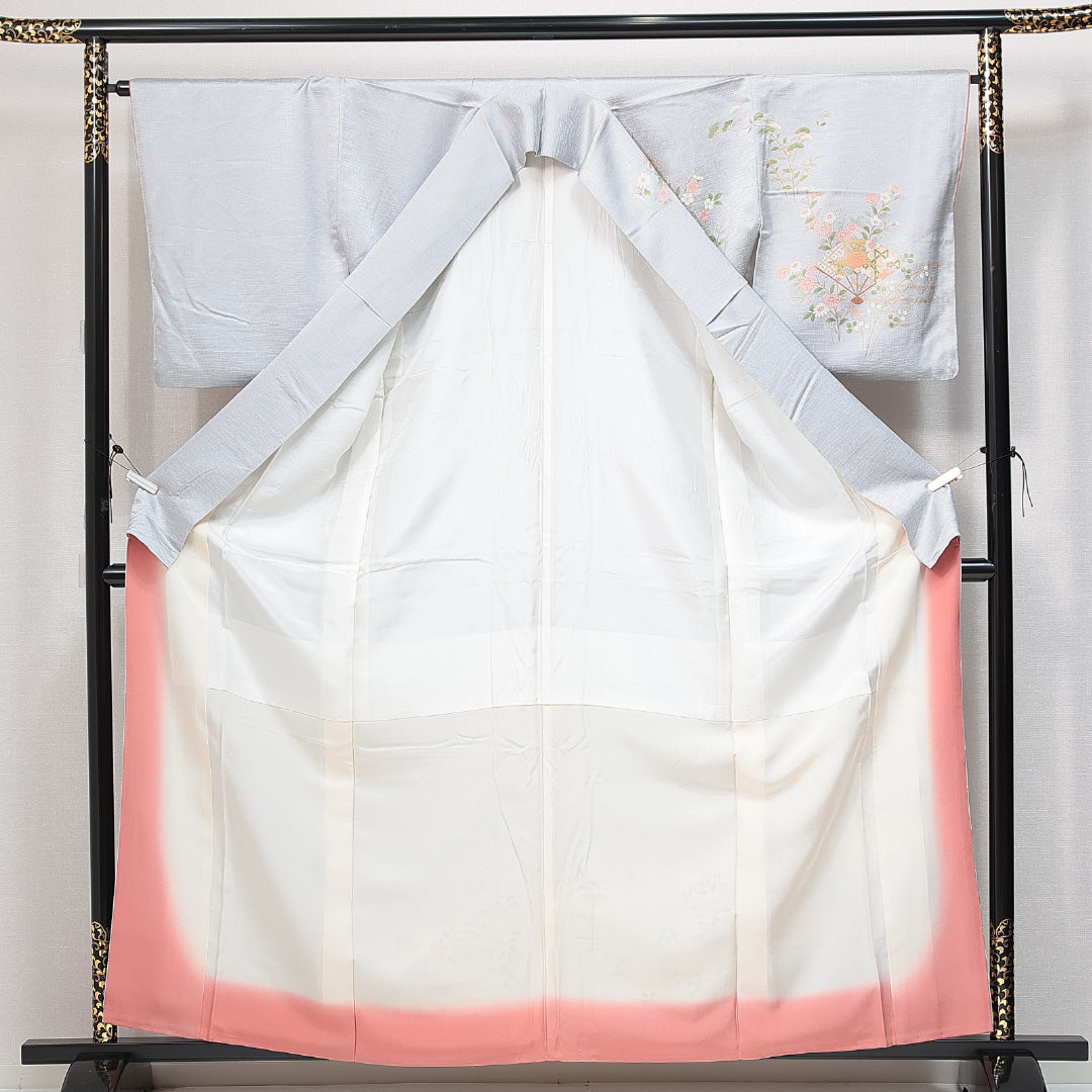 訪問着 袷 身丈160cm 裄丈65cm 正絹 Aランク Lサイズ 広衿 セミフォーマル 扇 グレー系 1212-14805