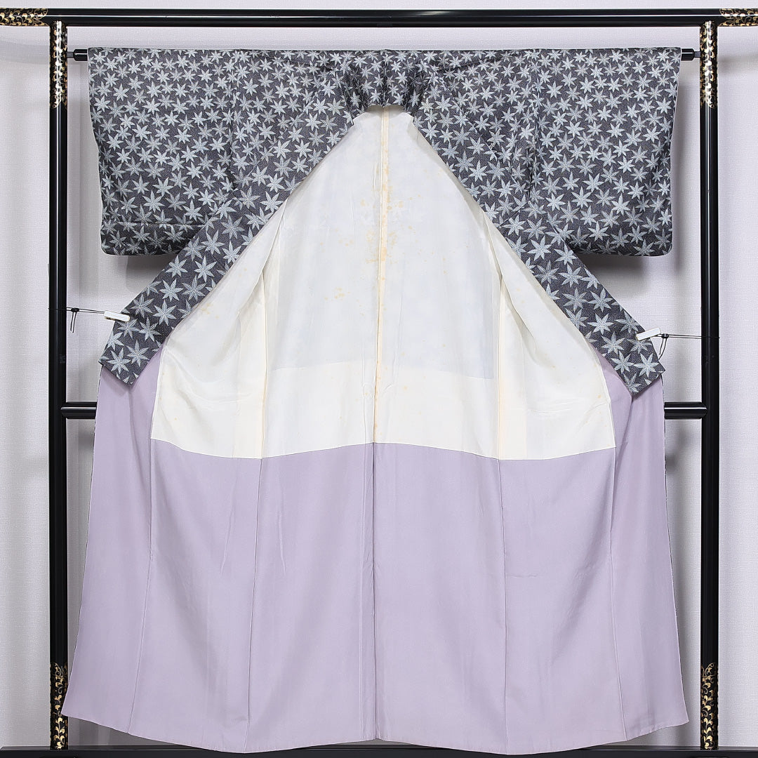 小紋 身丈154cm 裄丈63cm S 正絹 Bランク 袷 広衿 紅葉 刺繍 銀糸 1215-10528