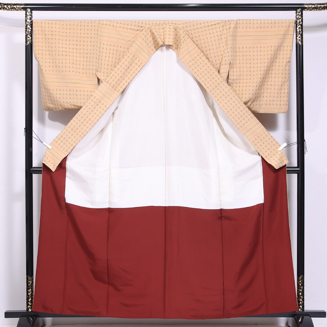 紬 袷 身丈162cm 裄丈67cm 正絹 Bランク カジュアル 広衿 Lサイズ 十字絣 ベージュ系 HP 1223-11555