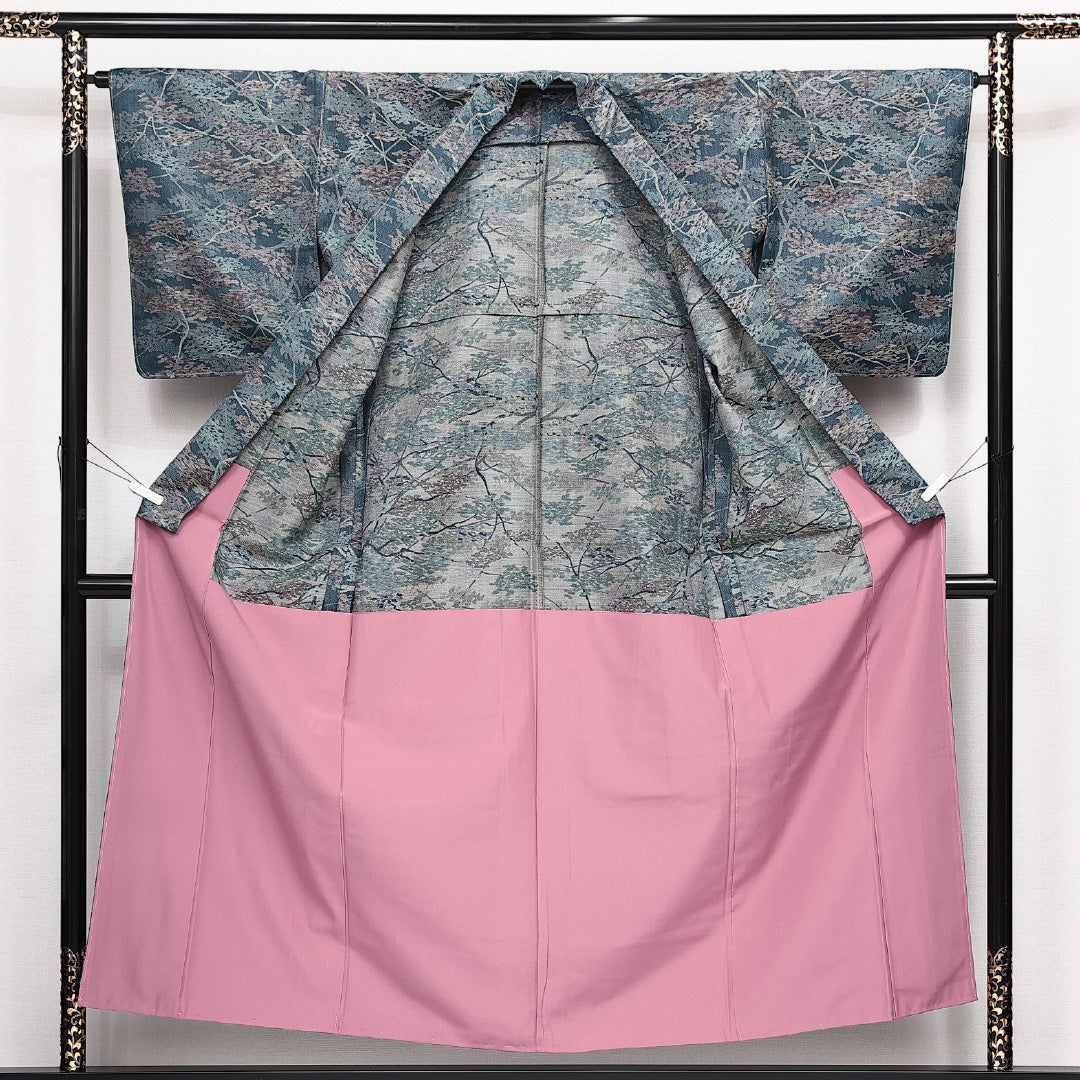 未使用品 洗える着物 ウールの紬 胴抜き 身丈154cm 裄丈64cm ウール Sランク カジュアル バチ衿 Sサイズ しつけ糸 植物柄 青系 RP 1223-14153