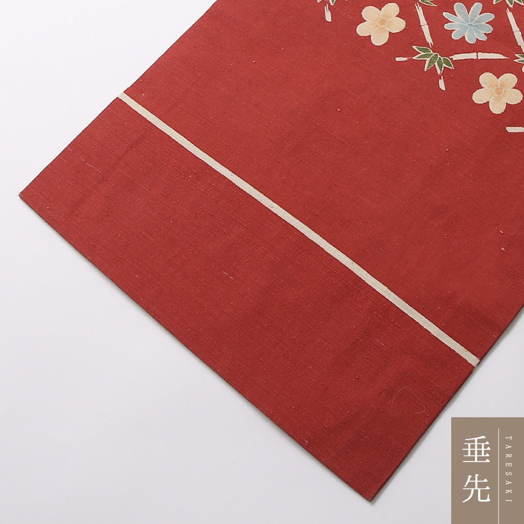 九寸名古屋帯 Aランク 帯丈345cm 正絹 全通 名古屋仕立て 染め カジュアル 紬 花菱 梅 笹 朱系 LP 1245-02976