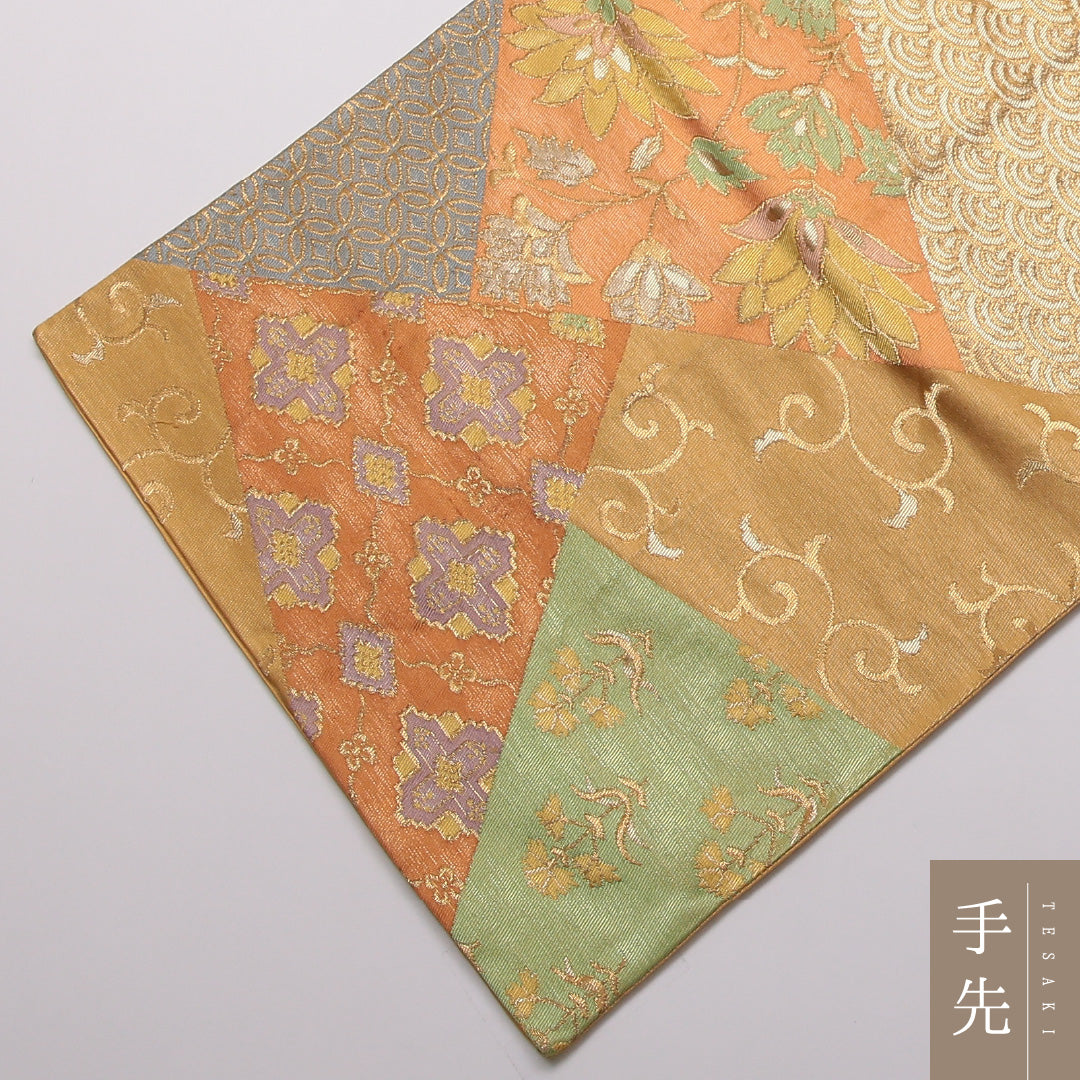 袋帯 帯丈414cm Aランク 六通 正絹 吉祥文様 唐草 花菱 青海波 カジュアル 黄系 1223-01411
