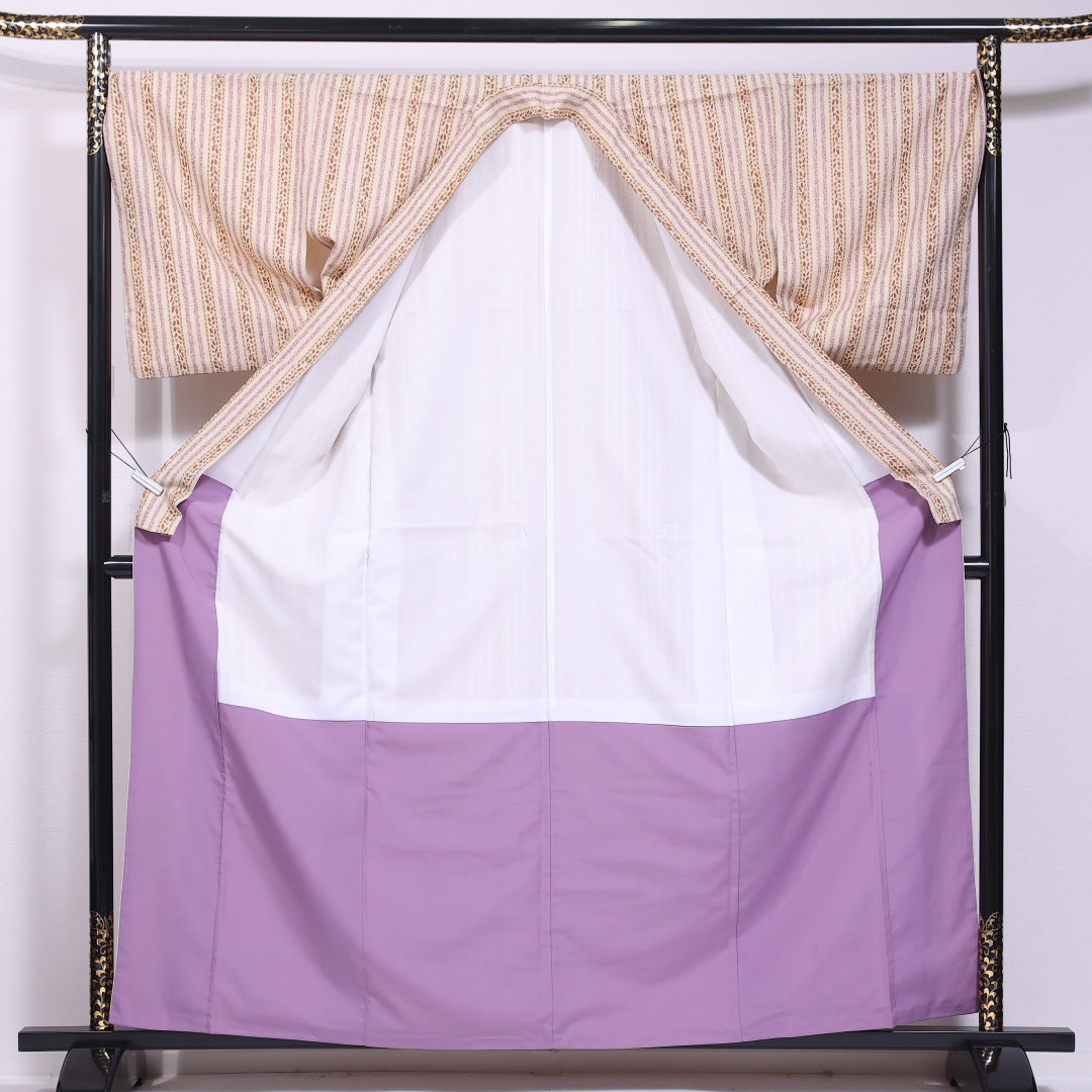 小紋 袷 身丈159cm 裄丈69cm 正絹 Bランク インフォーマル バチ衿 Mサイズ 縞 ベージュ系 RP 1221-11748