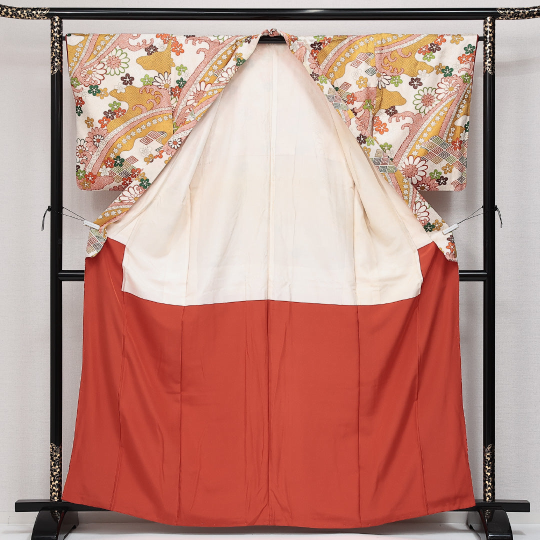 小紋 袷 身丈163cm 裄丈65cm 正絹 Sランク インフォーマル バチ衿 Lサイズ 金彩 吉祥文様 黄系 RP 1221-14298