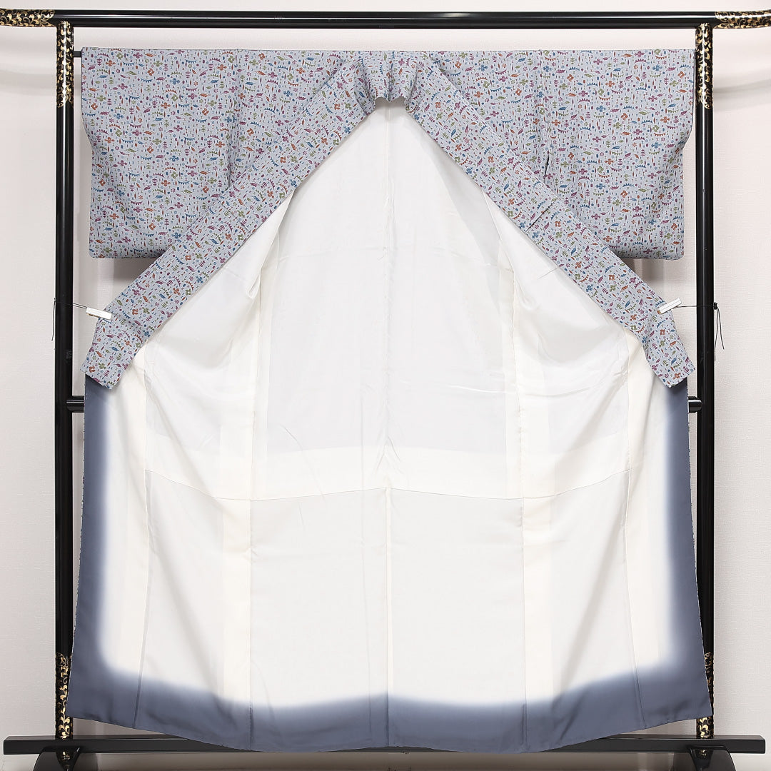 小紋 袷 身丈157cm 裄丈67cm 正絹 Sランク インフォーマル 広衿 Mサイズ 吹き寄せ グレー系 RP 1221-13332