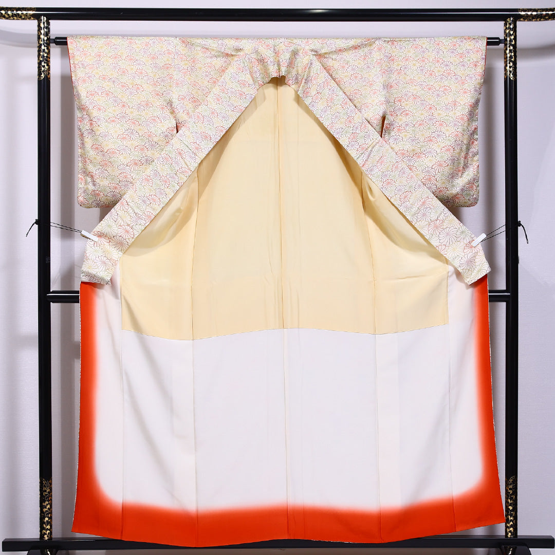 小紋 袷 身丈158cm 裄丈62cm 正絹 Sランク インフォーマル 広衿 Mサイズ 菊 クリーム系 RP 1221-11661