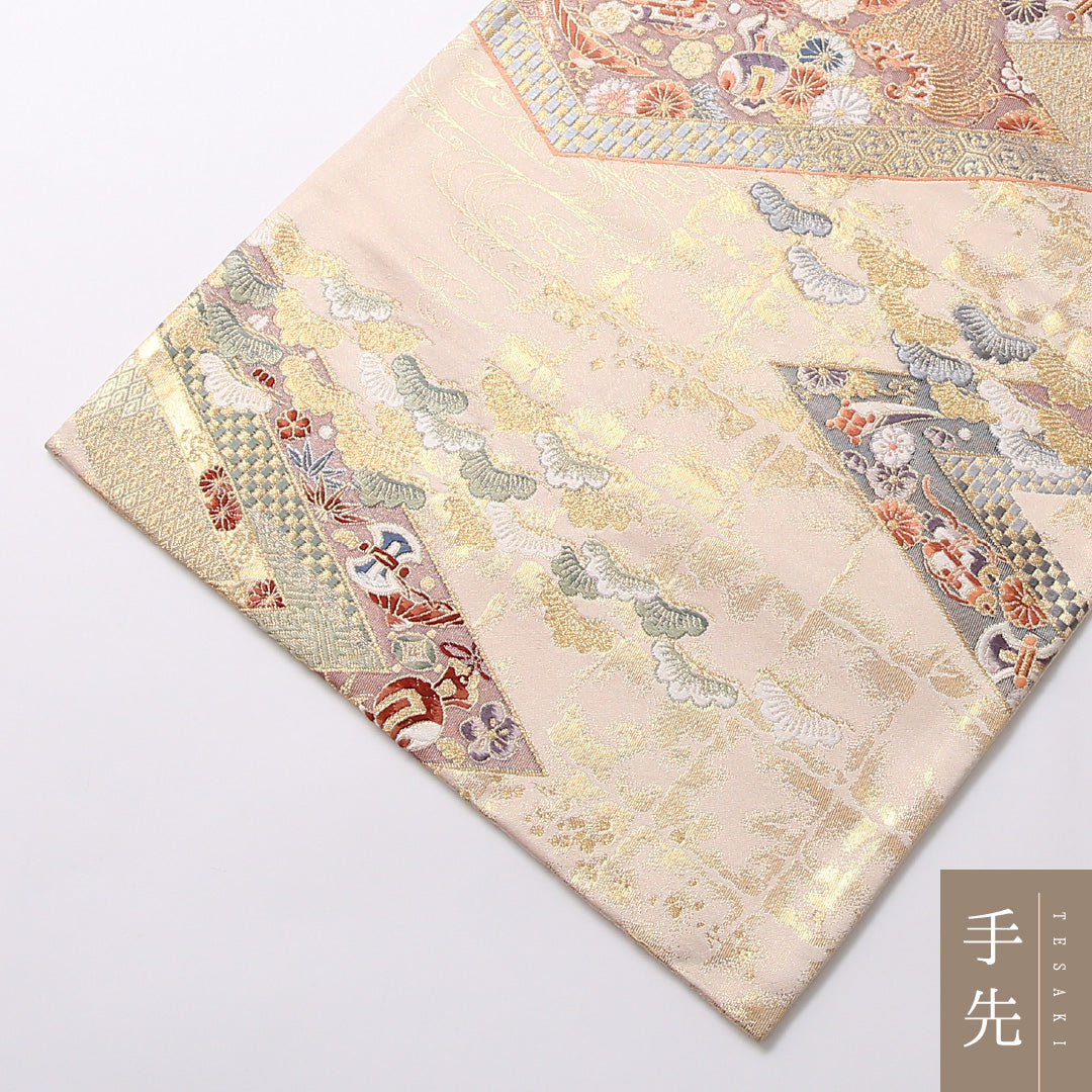 袋帯 帯丈420cm 正絹 六通 松皮取華宝紋 フォーマル 九百錦 松皮菱 裂取り 金系 1243-01687