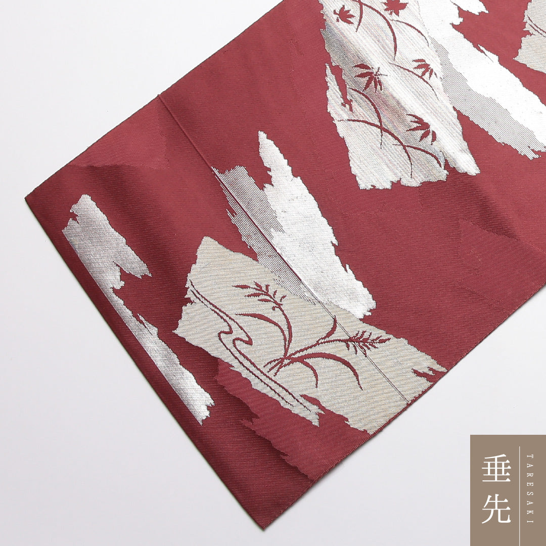 九寸名古屋帯 帯丈346cm 正絹 六通 織り セミフォーマル 芝草 紅葉 紫系 RP 1245-01923