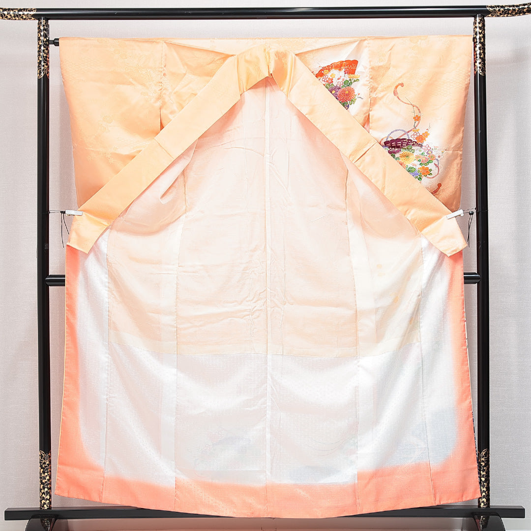 訪問着 袷 身丈161cm 裄丈65cm 正絹 Aランク Lサイズ 広衿 セミフォーマル 扇 牡丹 クリーム系 朱系 1212-14768