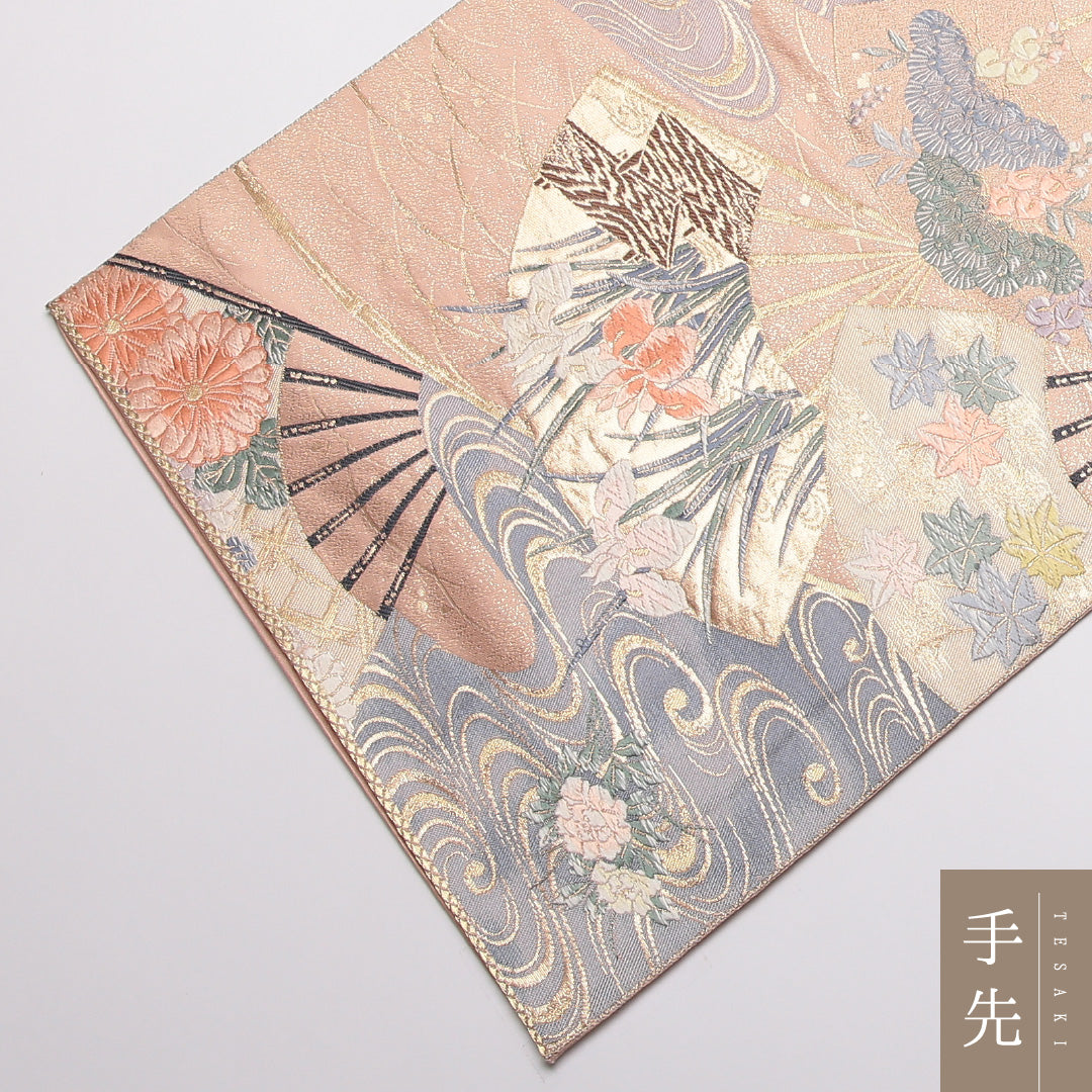袋帯 帯丈428cm 正絹 六通 末広光琳文 フォーマル 琳派 九百錦 扇流し 光琳波 ピンク系 1243-01373