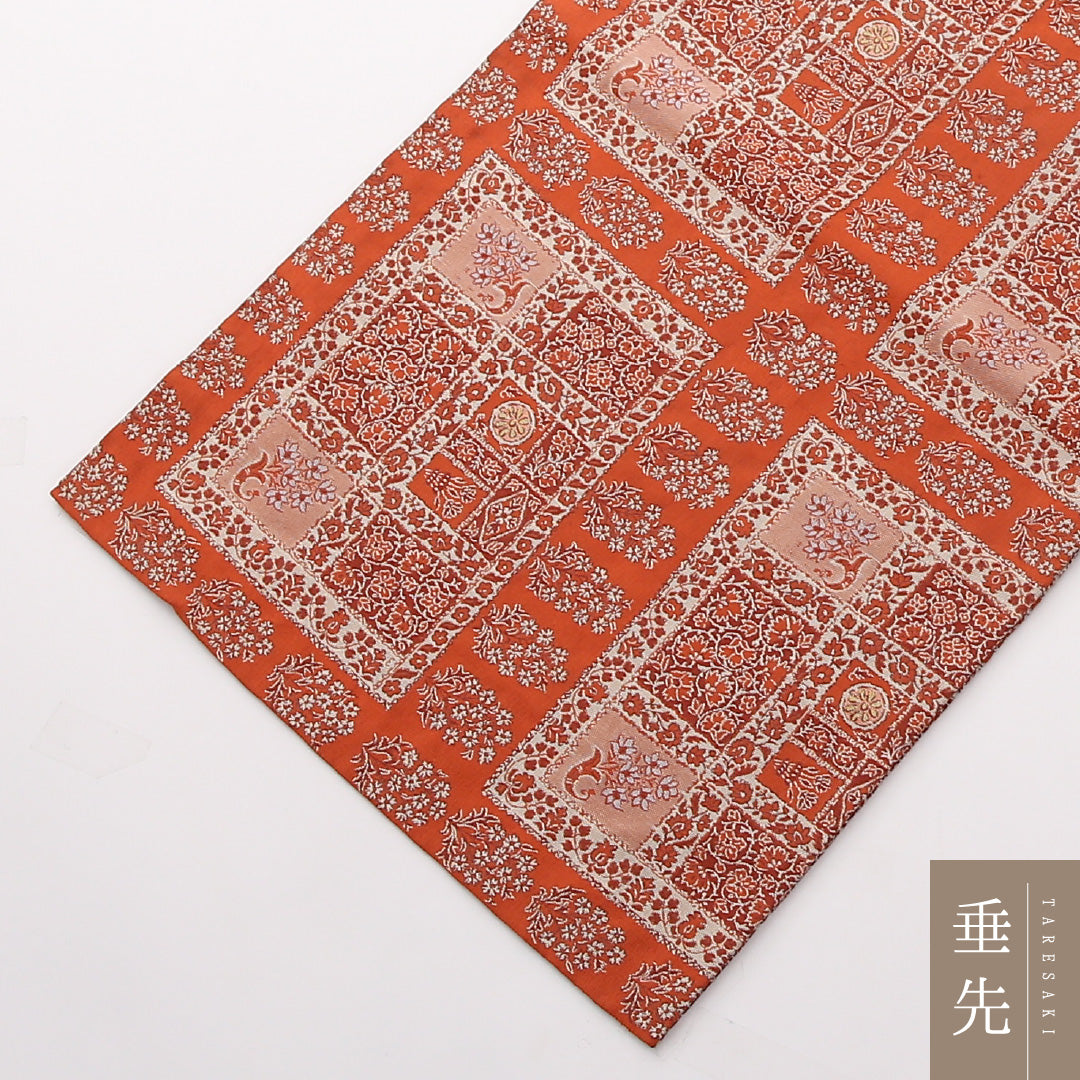 九寸名古屋帯 Sランク 帯丈330cm 正絹 全通 名古屋仕立て 織り カジュアル 植物柄 朱系 LP 1245-02306