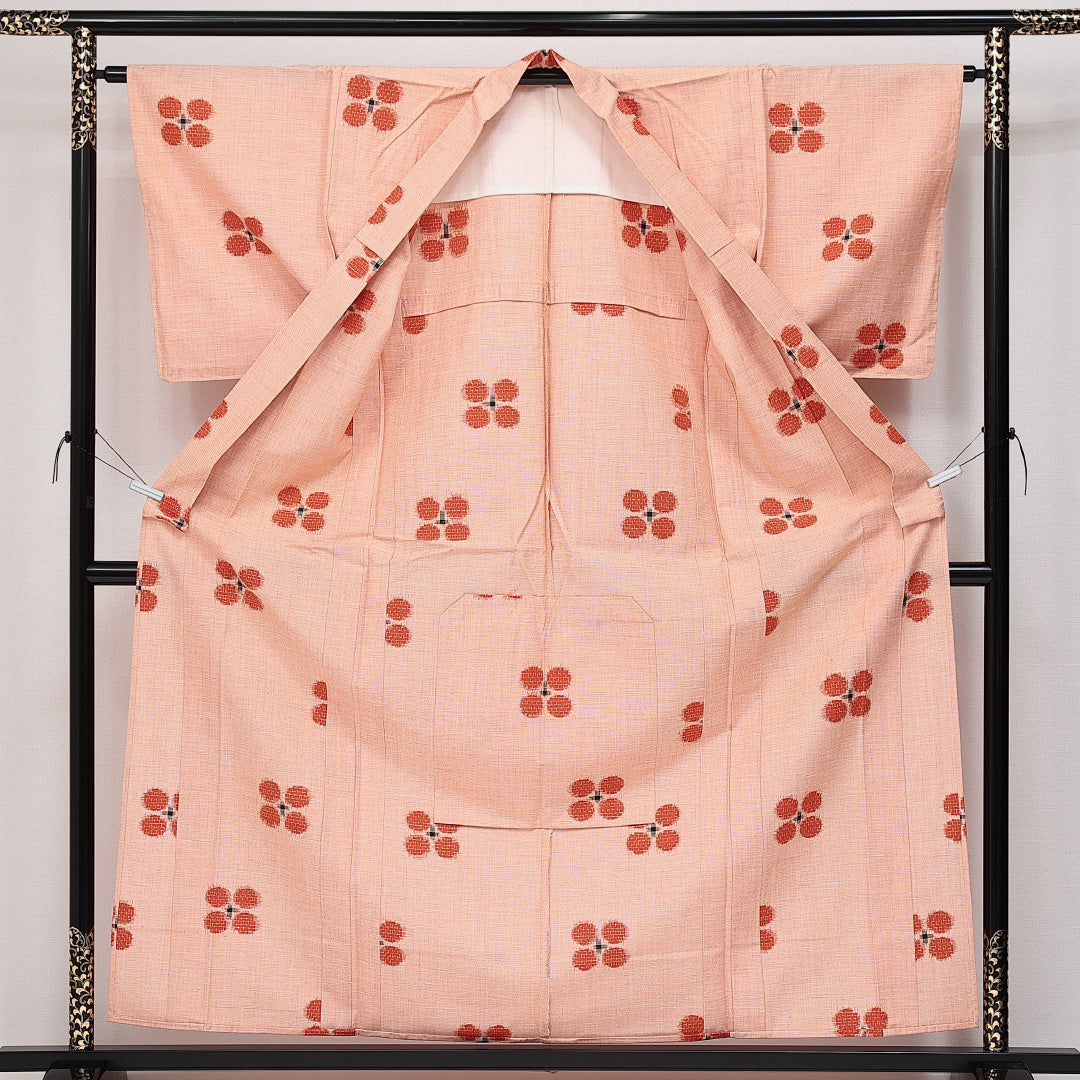 未使用品 真綿紬 単衣 身丈160cm 裄丈62cm 正絹 Sランク カジュアル バチ衿 Lサイズ 居敷当て 肩当て しつけ糸 朱系 RP 1223-14403