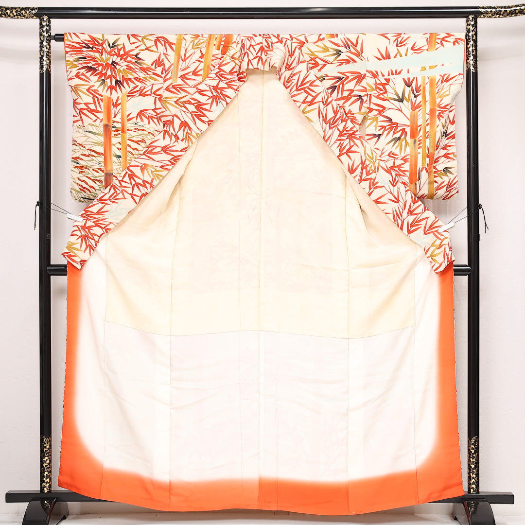 小紋 袷 身丈161cm 裄丈63cm 正絹 Aランク インフォーマル 広衿 Lサイズ 笹 クリーム系 HP 1221-13390