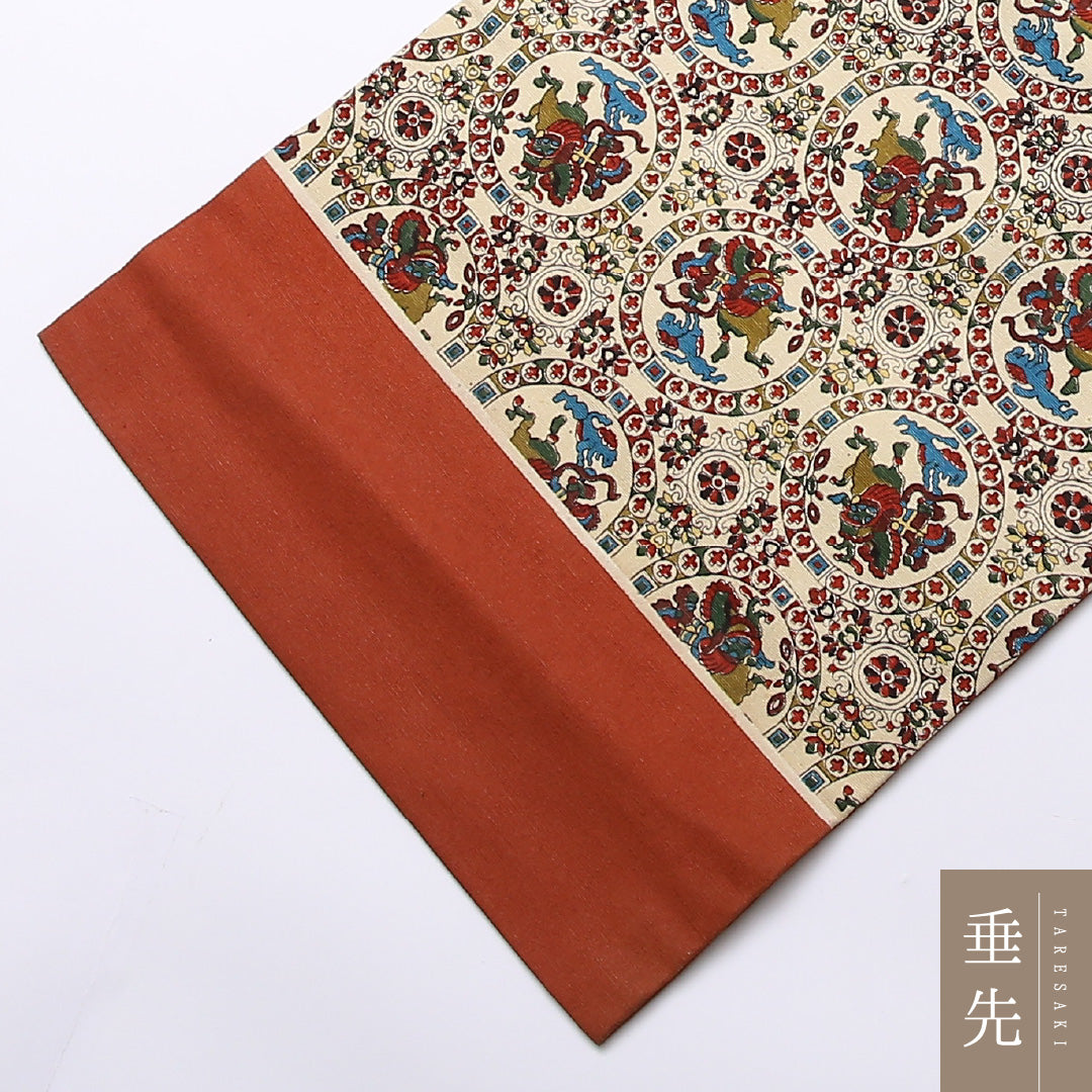 九寸名古屋帯 Sランク 帯丈373cm 正絹 全通 名古屋仕立て 染め インフォーマル 狩猟文 名物裂 連珠文 クリーム系 RP 1245-02512