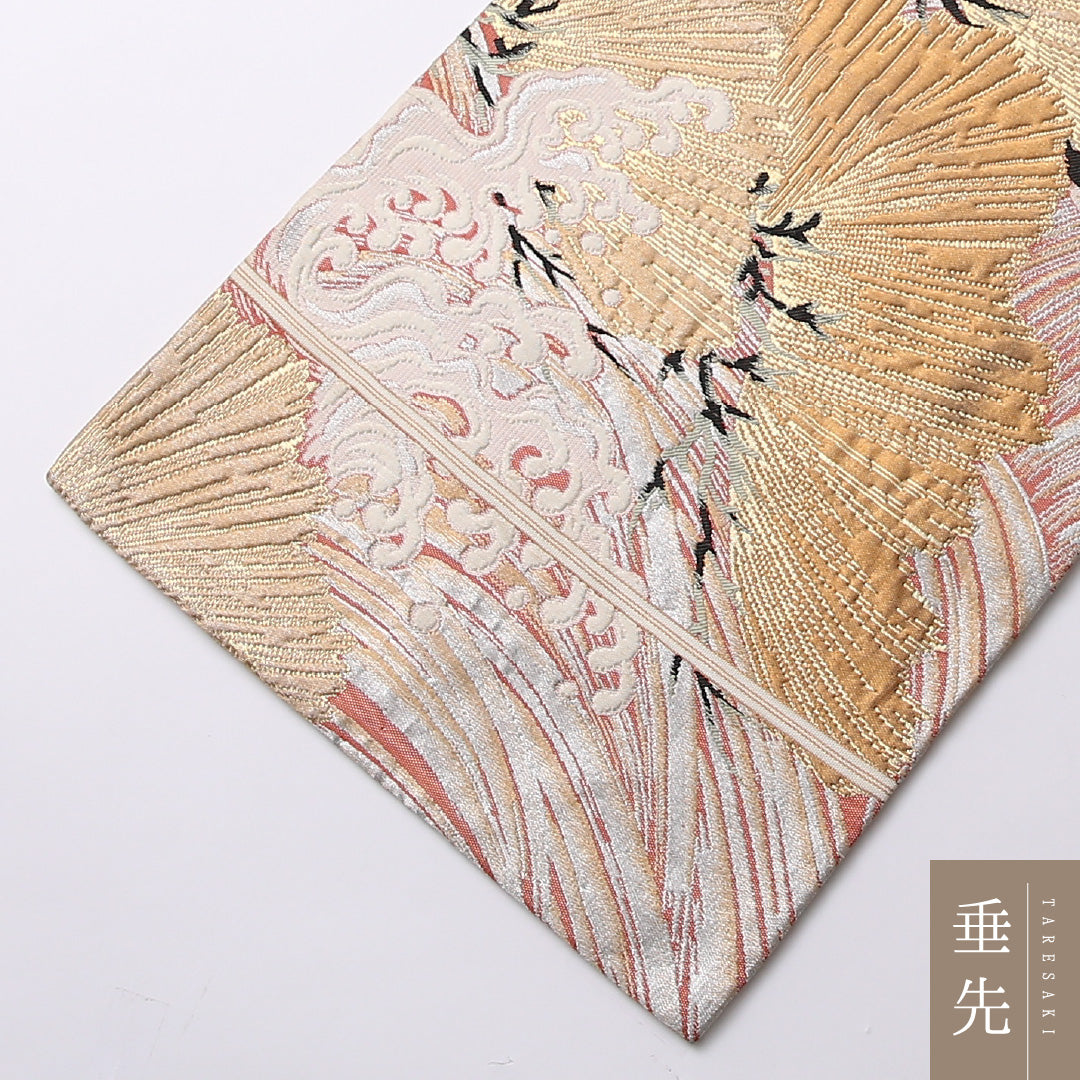 アンティーク 九寸名古屋帯 Bランク 帯丈333cm 正絹 六通 名古屋仕立て 織り 唐織 荒磯 金系 RP 1245-02705