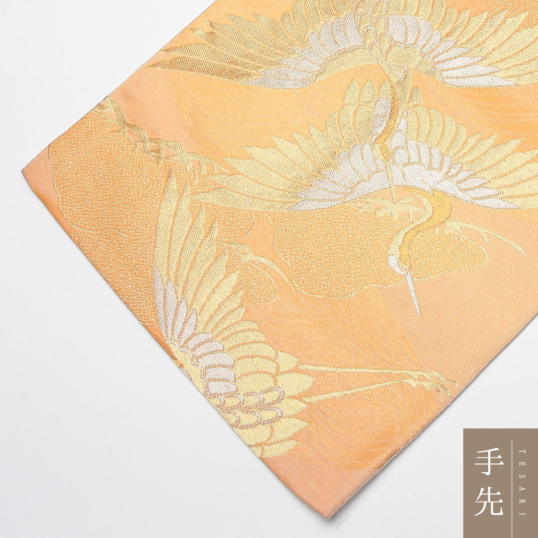 袋帯 帯丈412cm 六通 鶴 松 フォーマル 朱系 正絹 Aランク 1223-01325